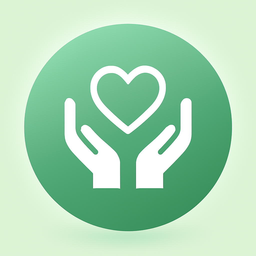 Icon of two hands holding a heart inside a green circle, symbolizing care and compassion.