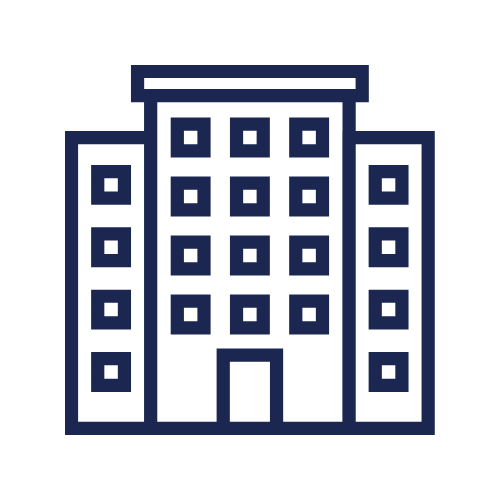 Line drawing of a multi-story building with a rectangular entrance and symmetrical windows.