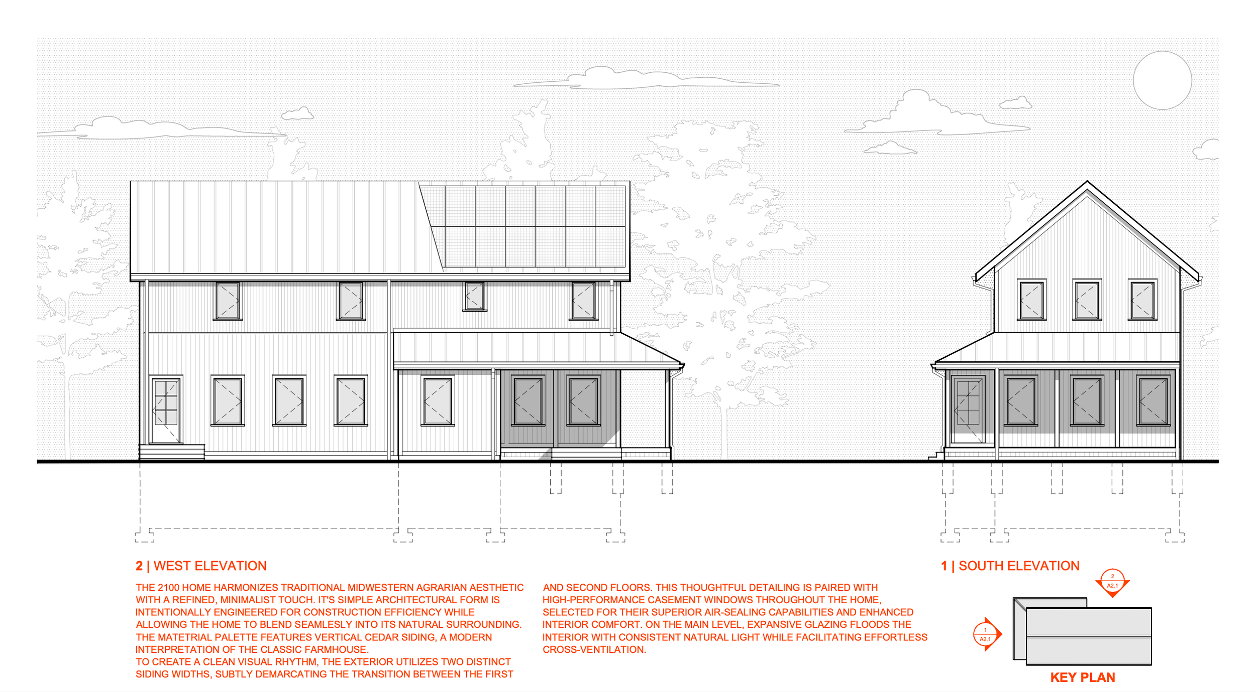 Architectural elevation drawings of a modern house with two levels, featuring vertically oriented cedar siding, large casement windows, a metal roof, and a solar panel array on the roof. The south elevation shows a porch area, while the west elevation includes a stepped entry. Trees and clouds are in the background, and there is a key plan showing the house layout.