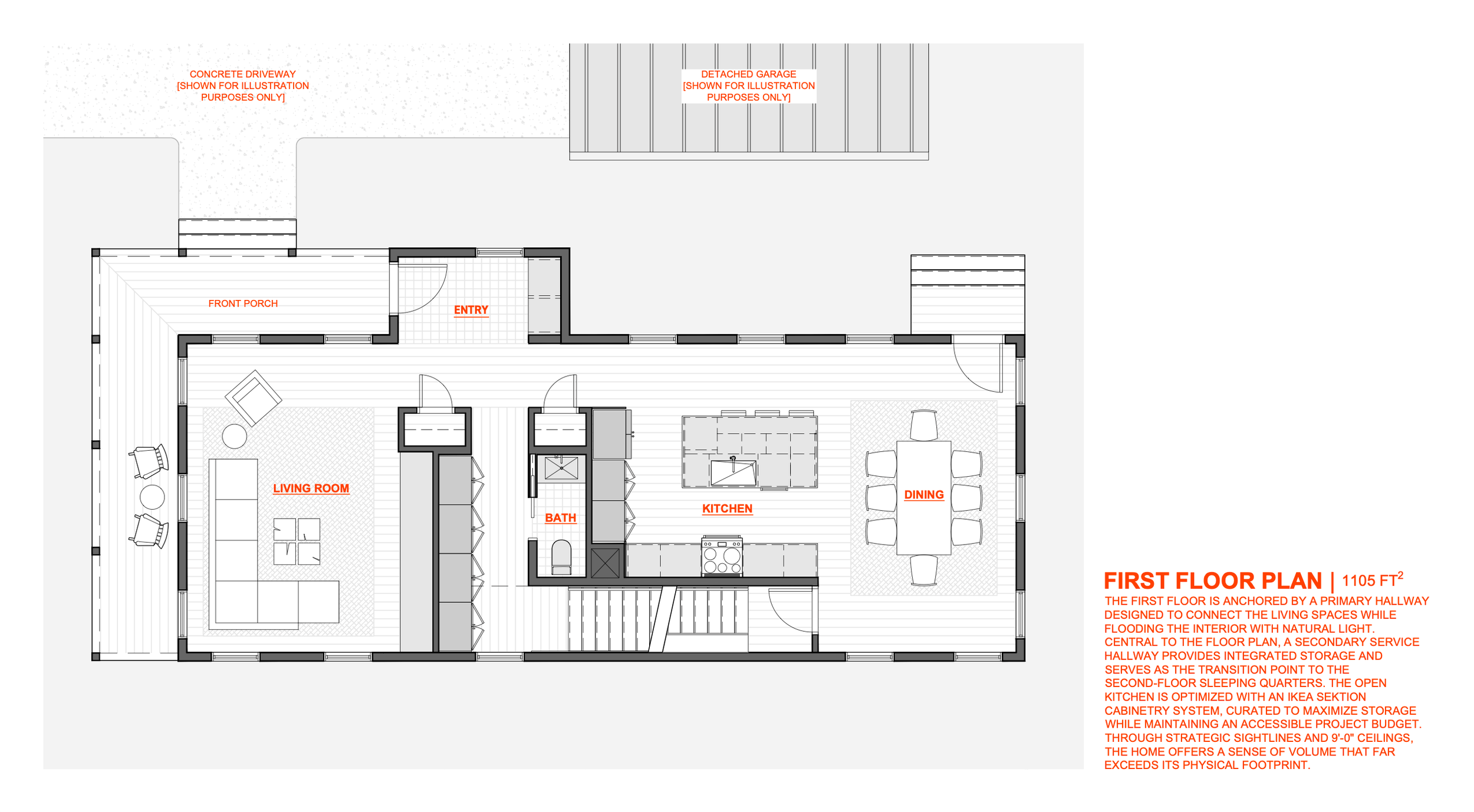 First floor plan of a house showing the living room, kitchen, dining area, bathroom, entry, front porch, detached garage, and exterior driveway. The layout is annotated with labels in orange.