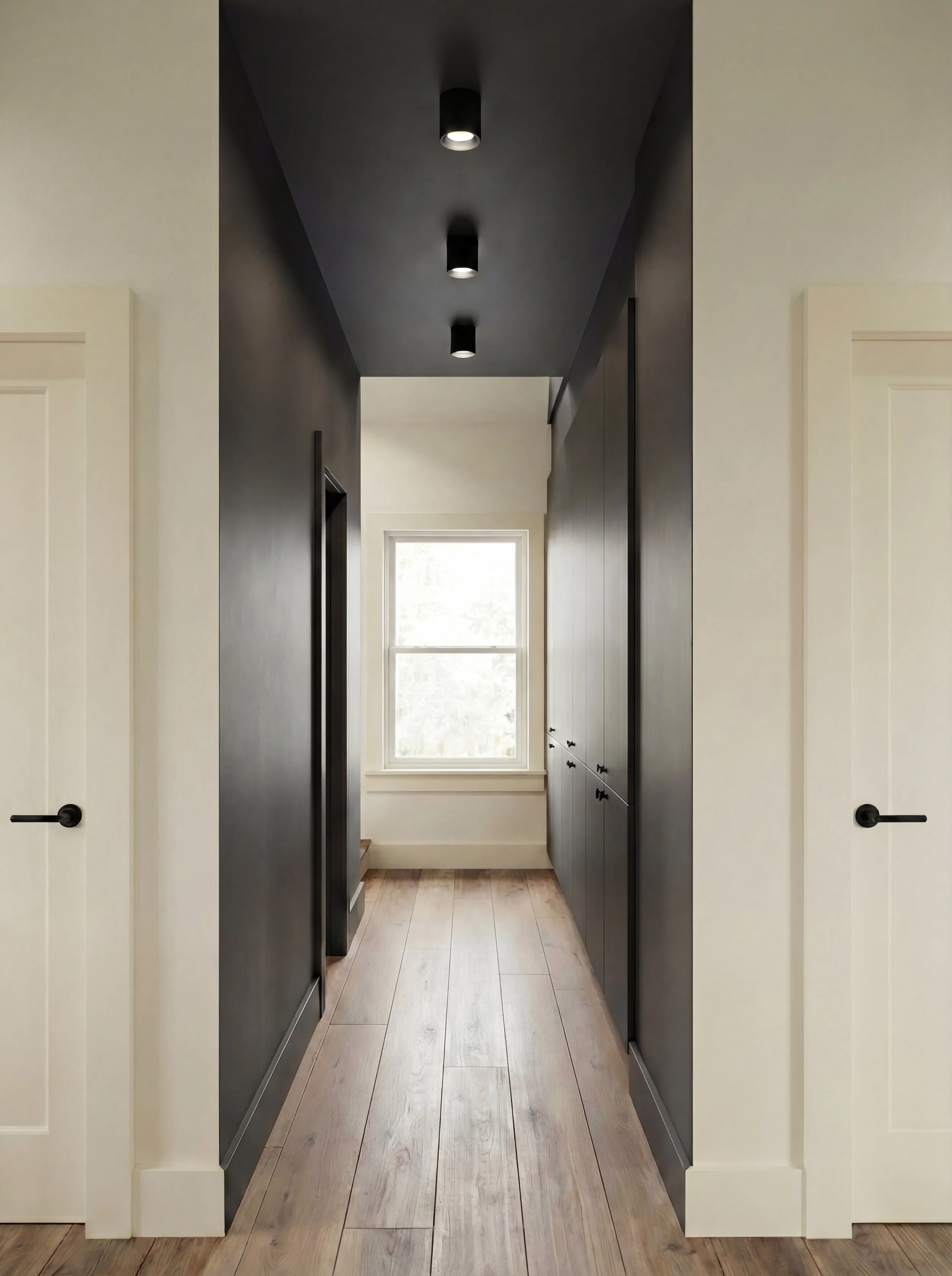A narrow hallway with black walls and ceiling, equipped with black ceiling recessed lights, leading to a bright room with a window. The floor is light-colored wood, and the hallway has white door frames on both sides.