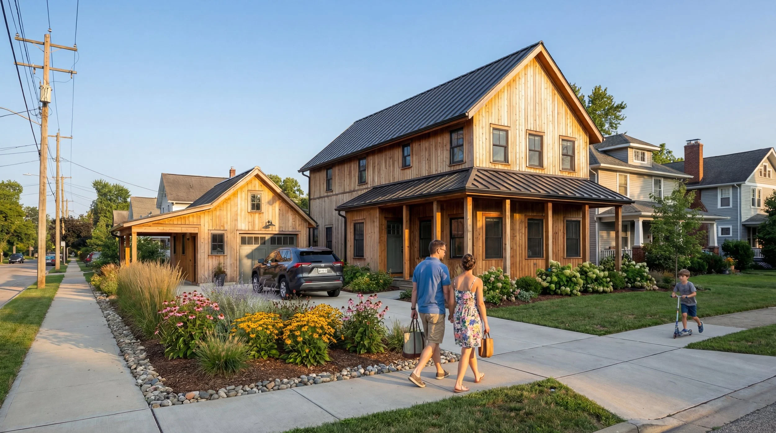 A family walking on the sidewalk in front of a newly built wooden house with a front porch, surrounded by gardens and a lawn. A young boy on a scooter is nearby. A car is parked in the driveway, and there are other houses on the street.
