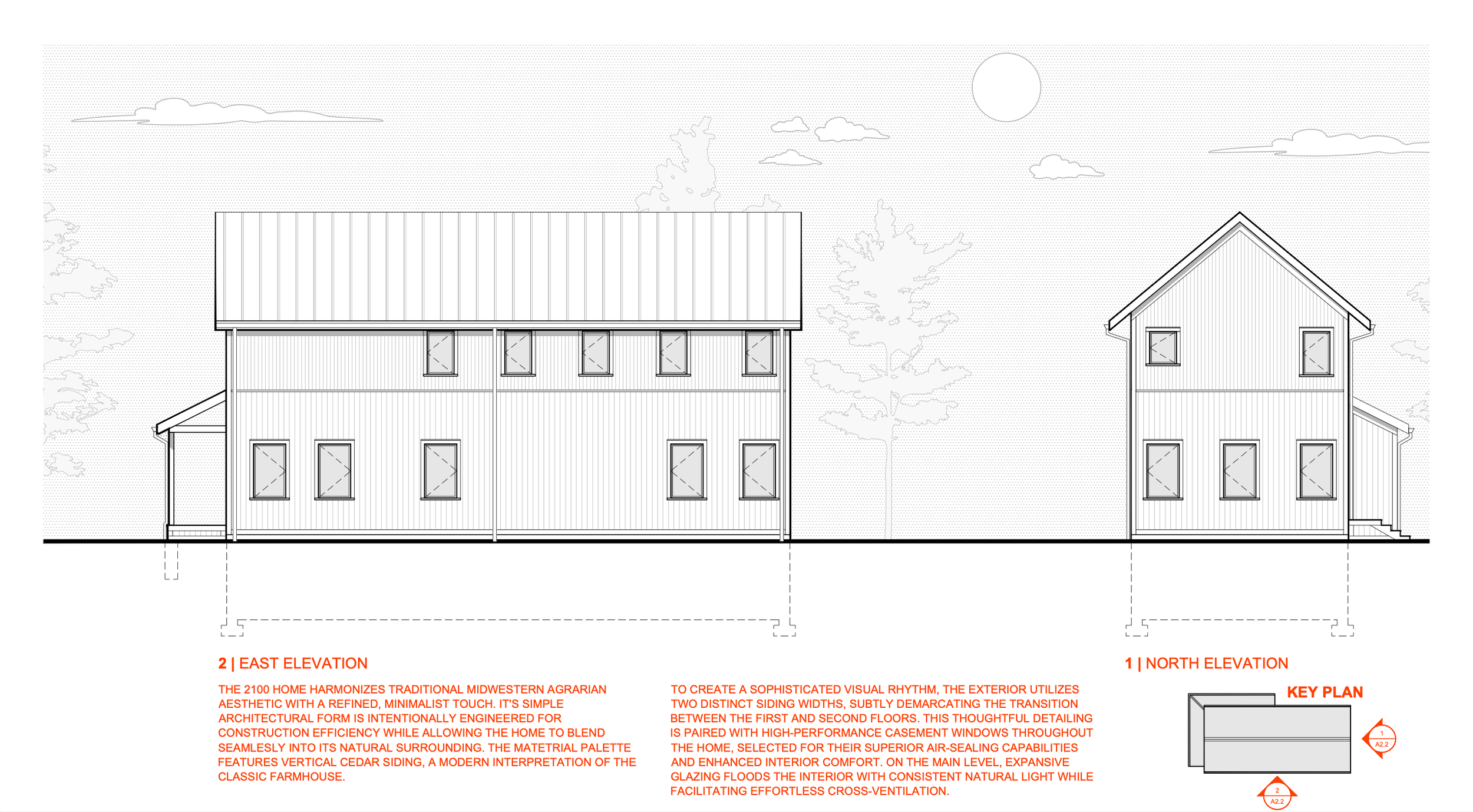 Elevation blueprint of two modern farmhouses with vertical cedar siding, gabled roofs, multiple windows, and a natural landscape background under a cloudy sky.