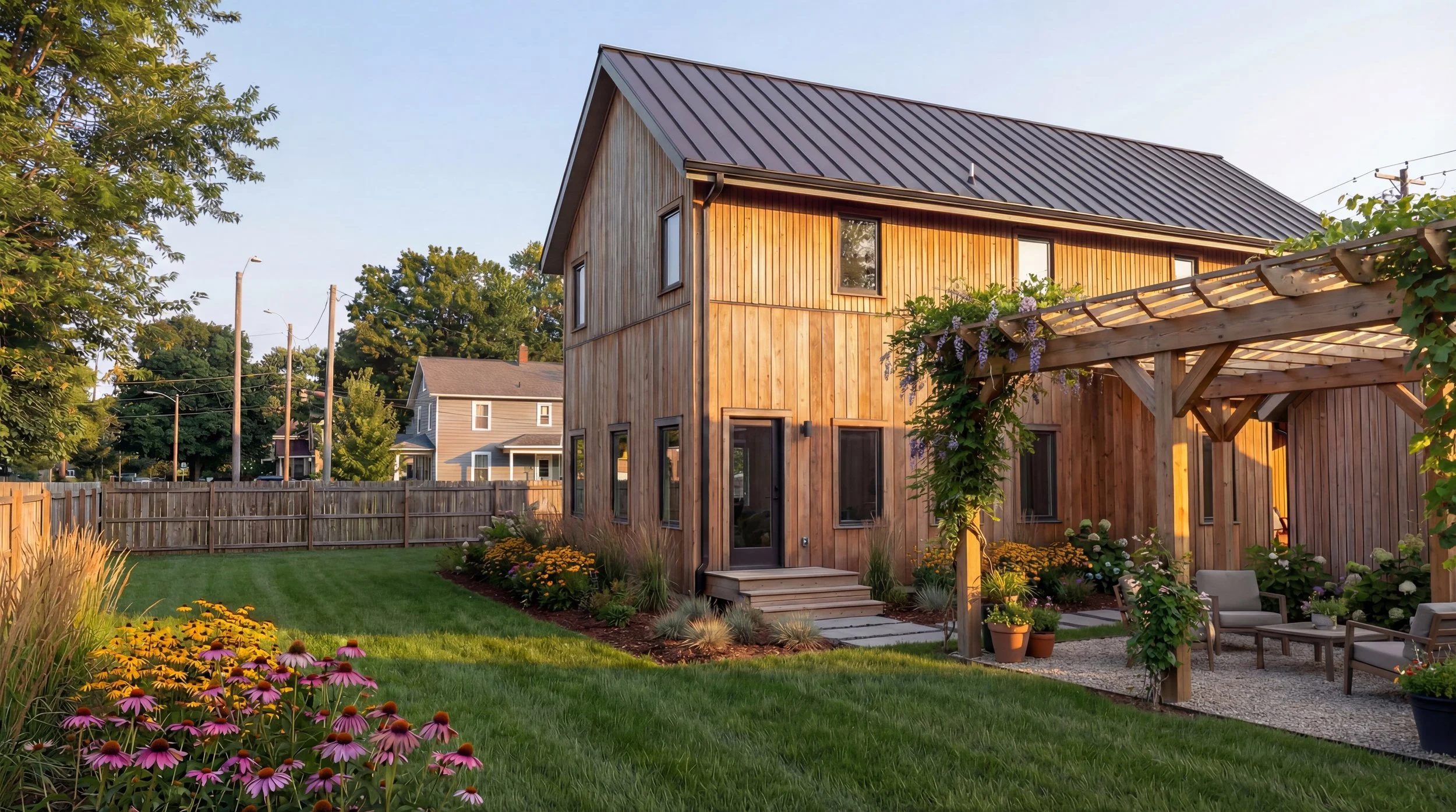 A two-story house with wood siding and a metal roof, surrounded by a well-maintained yard with colorful flowers and a garden gazebo with seating.