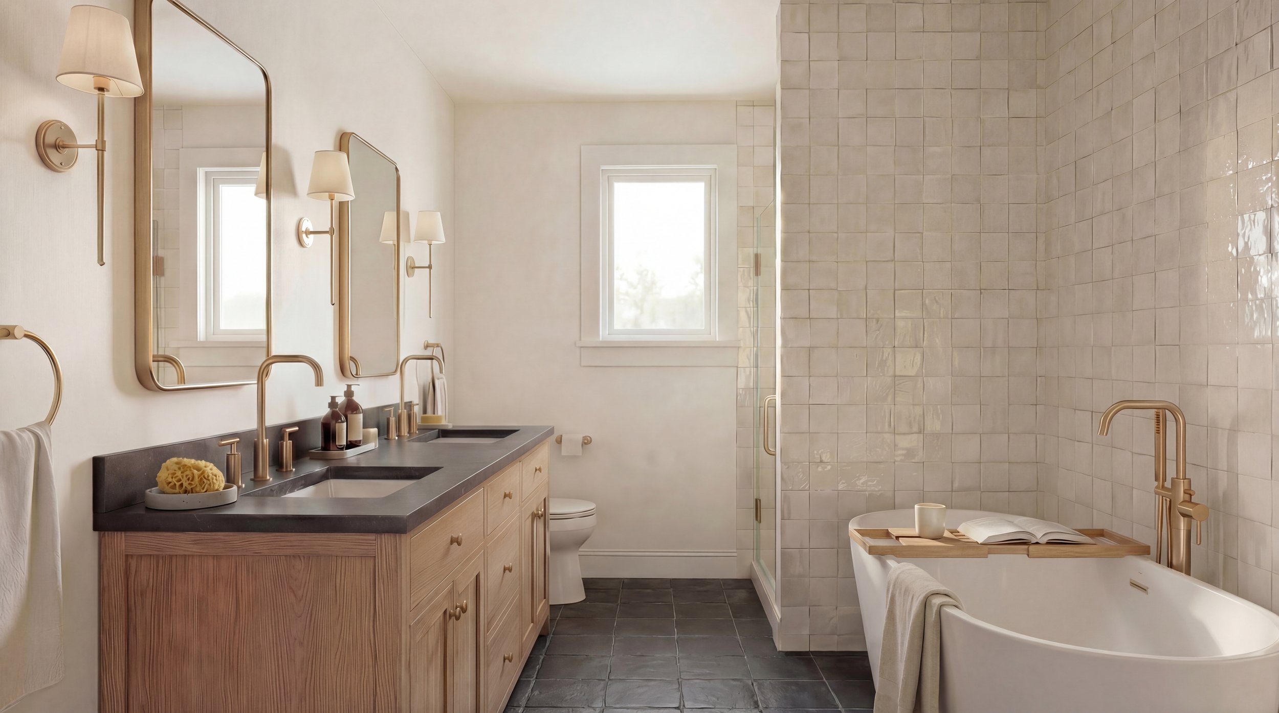 Modern bathroom with dual sinks, wooden vanity, large mirrors, wall-mounted lamps, and a bathtub with a tray holding a book and a cup.