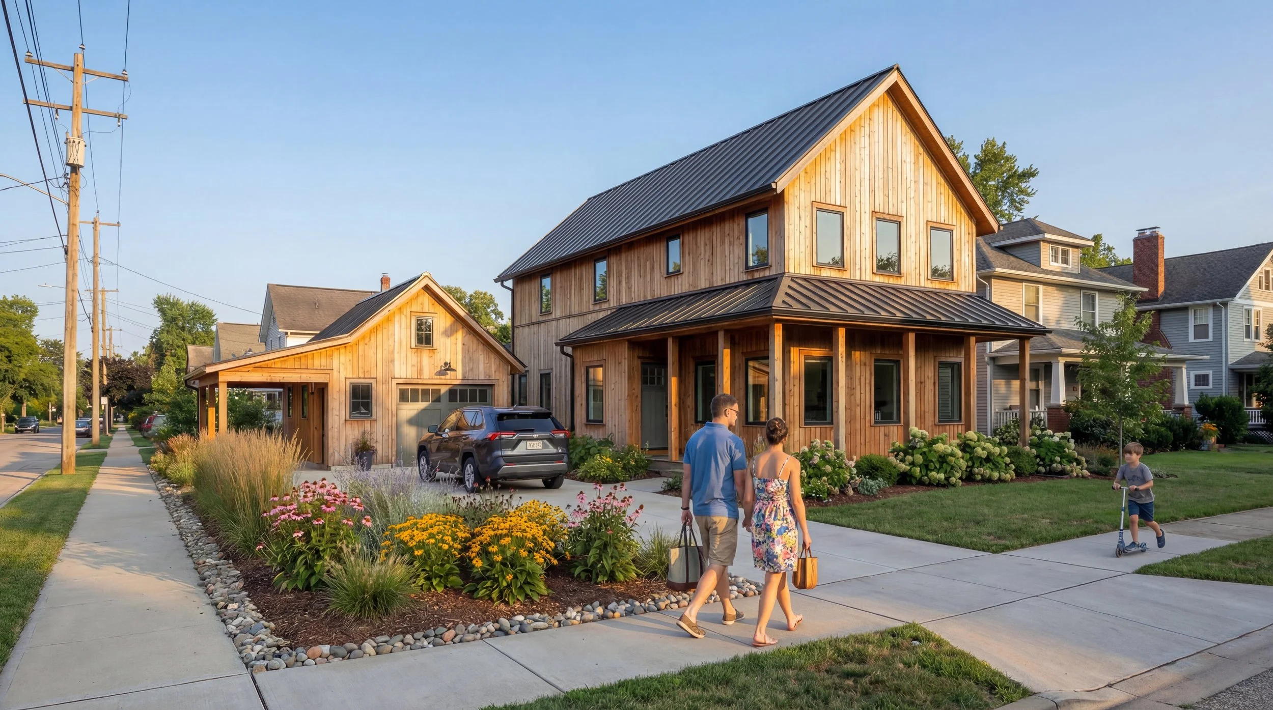 A modern wooden house with a garage, surrounded by a landscaped yard with flowers, and people walking on the sidewalk and riding a scooter nearby.