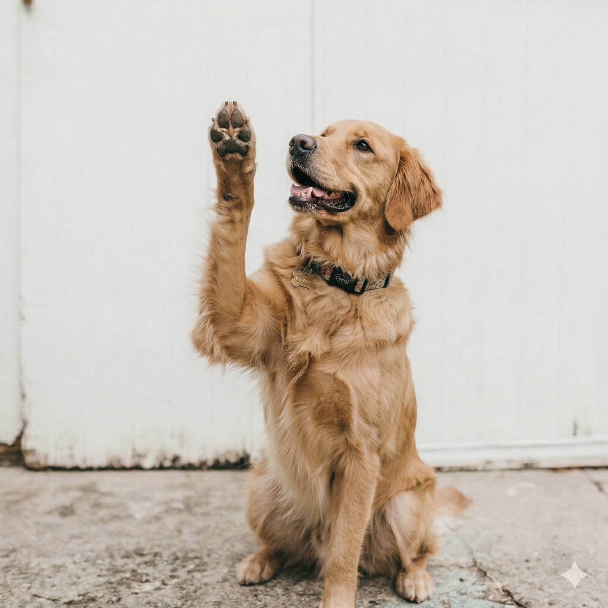 Golden retriever dog sitting on concrete ground with one paw raised, in front of a white wall.