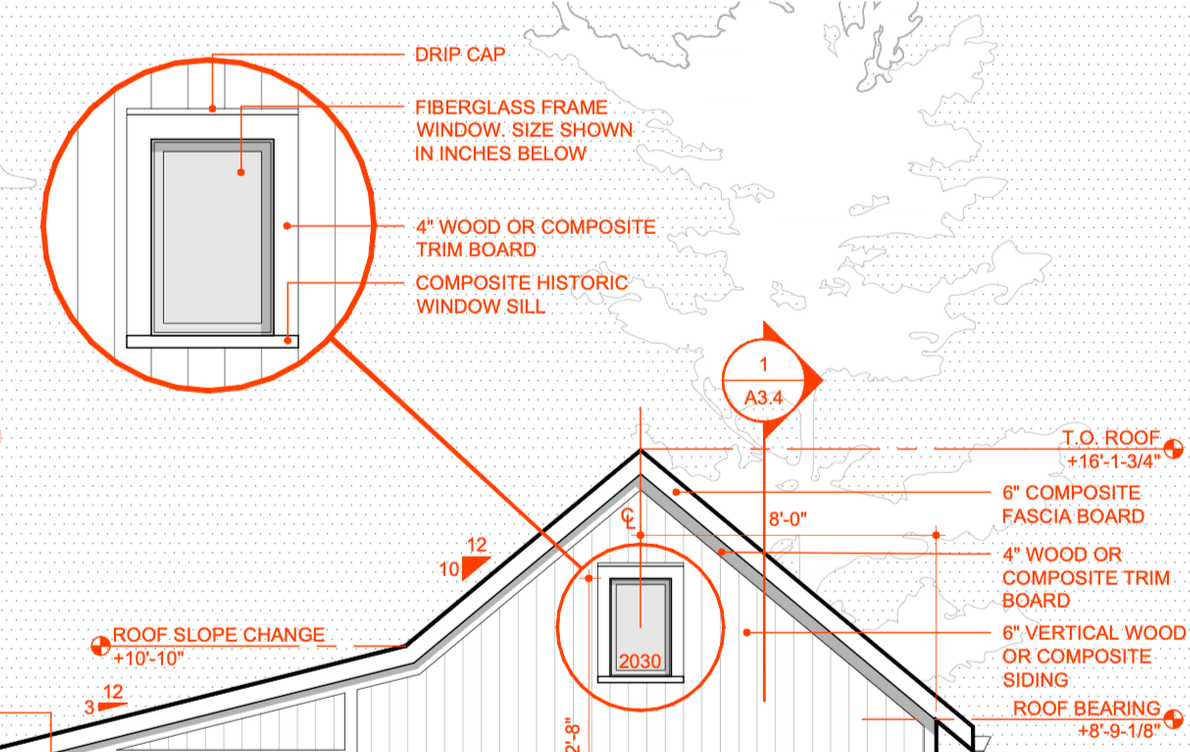 Architectural roof design drawing showing details of a window, trim, siding, and roof components, with measurements and labels.