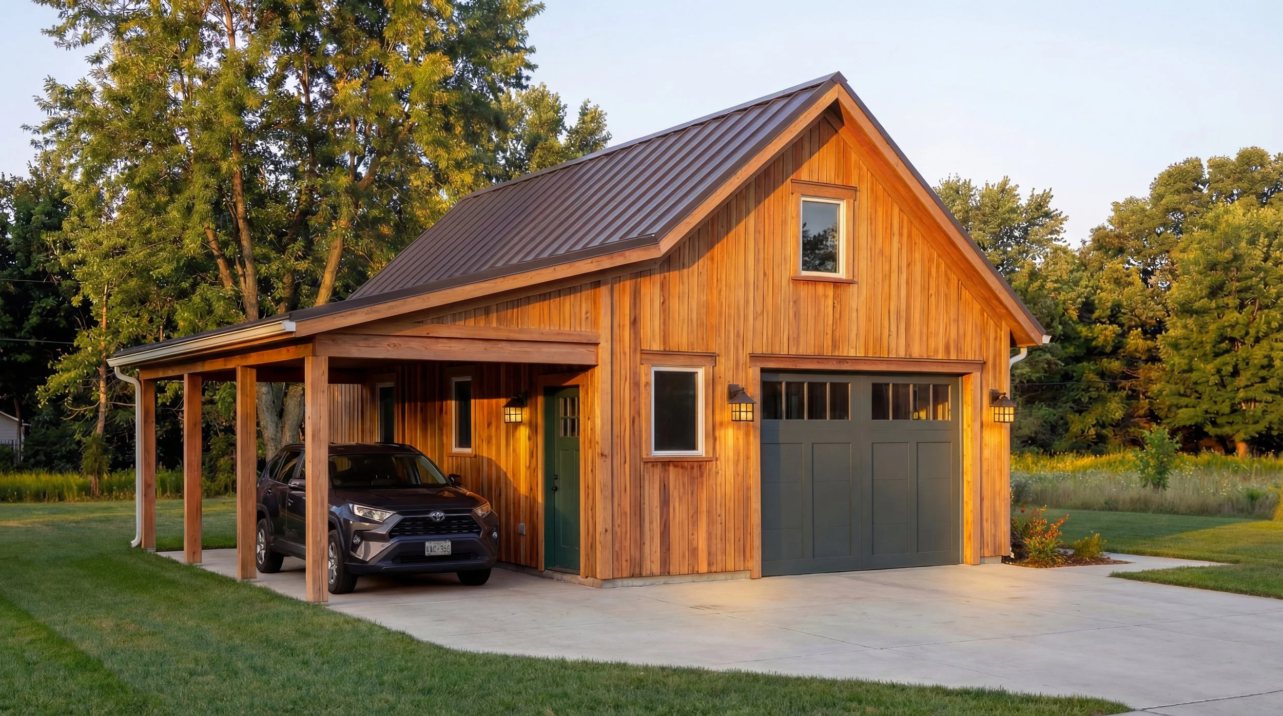A modern wooden house with a sloped metal roof, a garage door, and a car parked under a covered area, surrounded by green grass and trees.