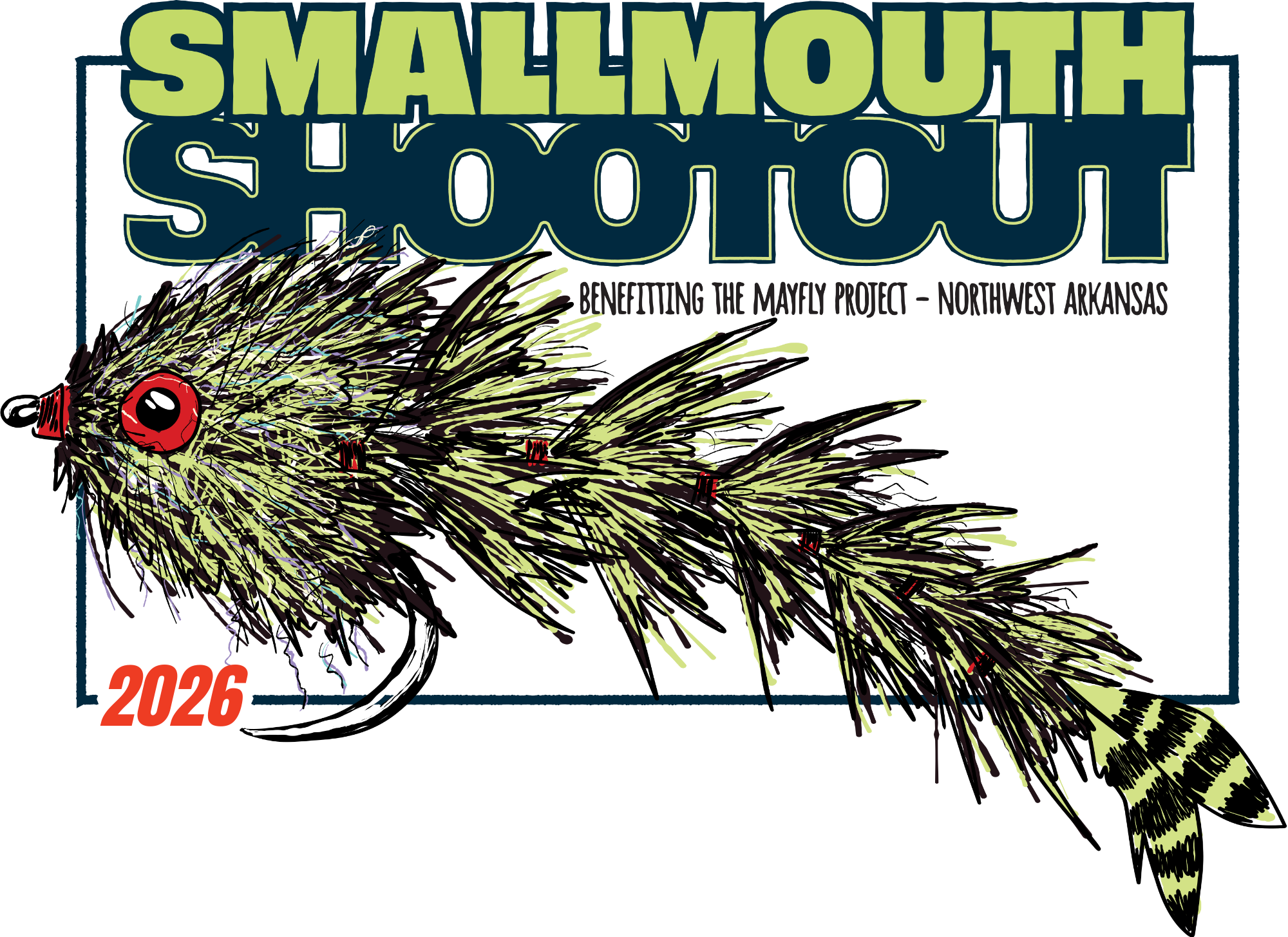Graphic promoting the 2026 Smallmouth Shout fishing event benefiting the Mayfly Project in Northwest Arkansas, featuring a detailed illustration of a fly that could be used in the one fly fishing for smallmouth bass.