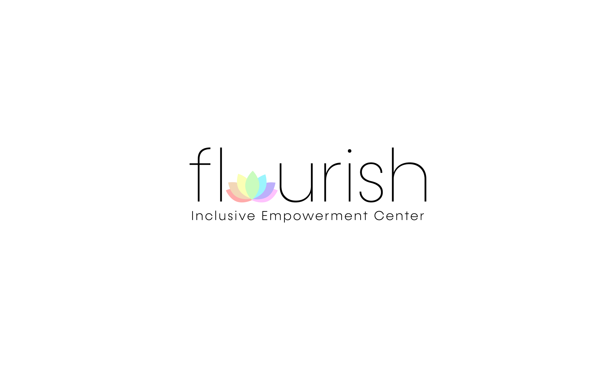 Logo for Flourish Inclusive Empowerment Center, featuring a pastel-colored lotus flower and the name 'flourish' with the subtitle 'Inclusive Empowerment Center'.