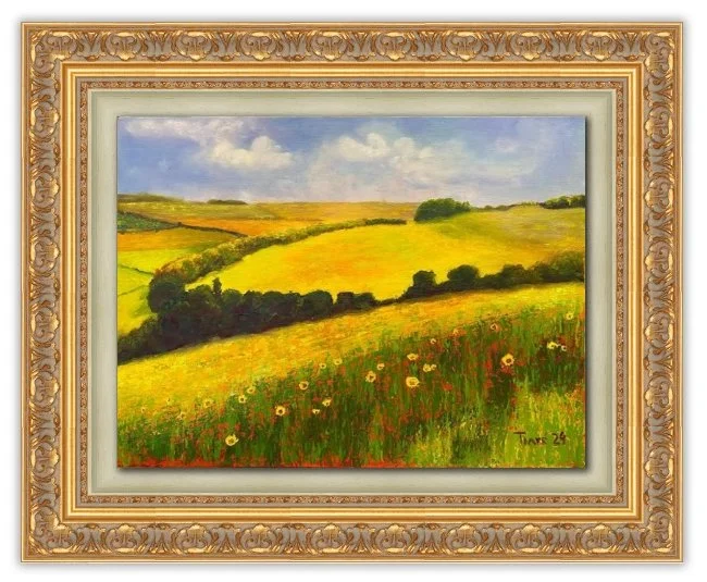 An impressionist landscape oil painting of rolling hills with green fields and a blue sky with scattered clouds, framed in an ornate gold frame.