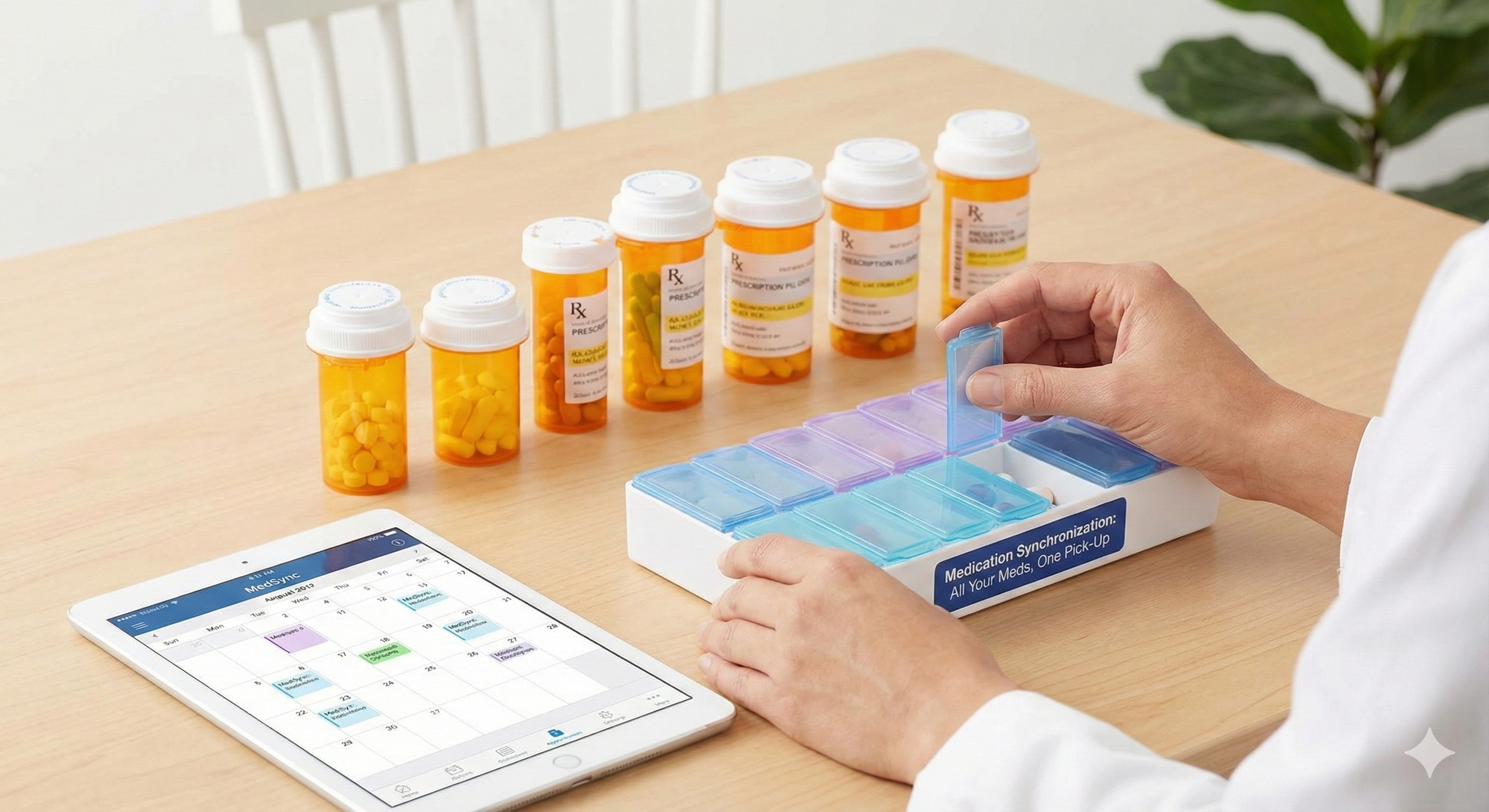 Person in a white coat organizing pill bottles with prescription labels on a table, alongside a tablet displaying a calendar of medication schedule.