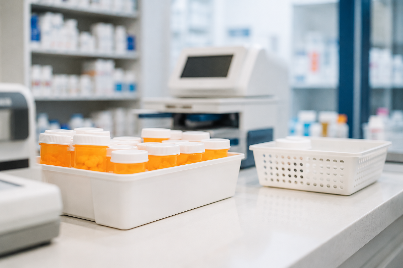 Orange prescription bottles with white caps on a white tray in a pharmacy.