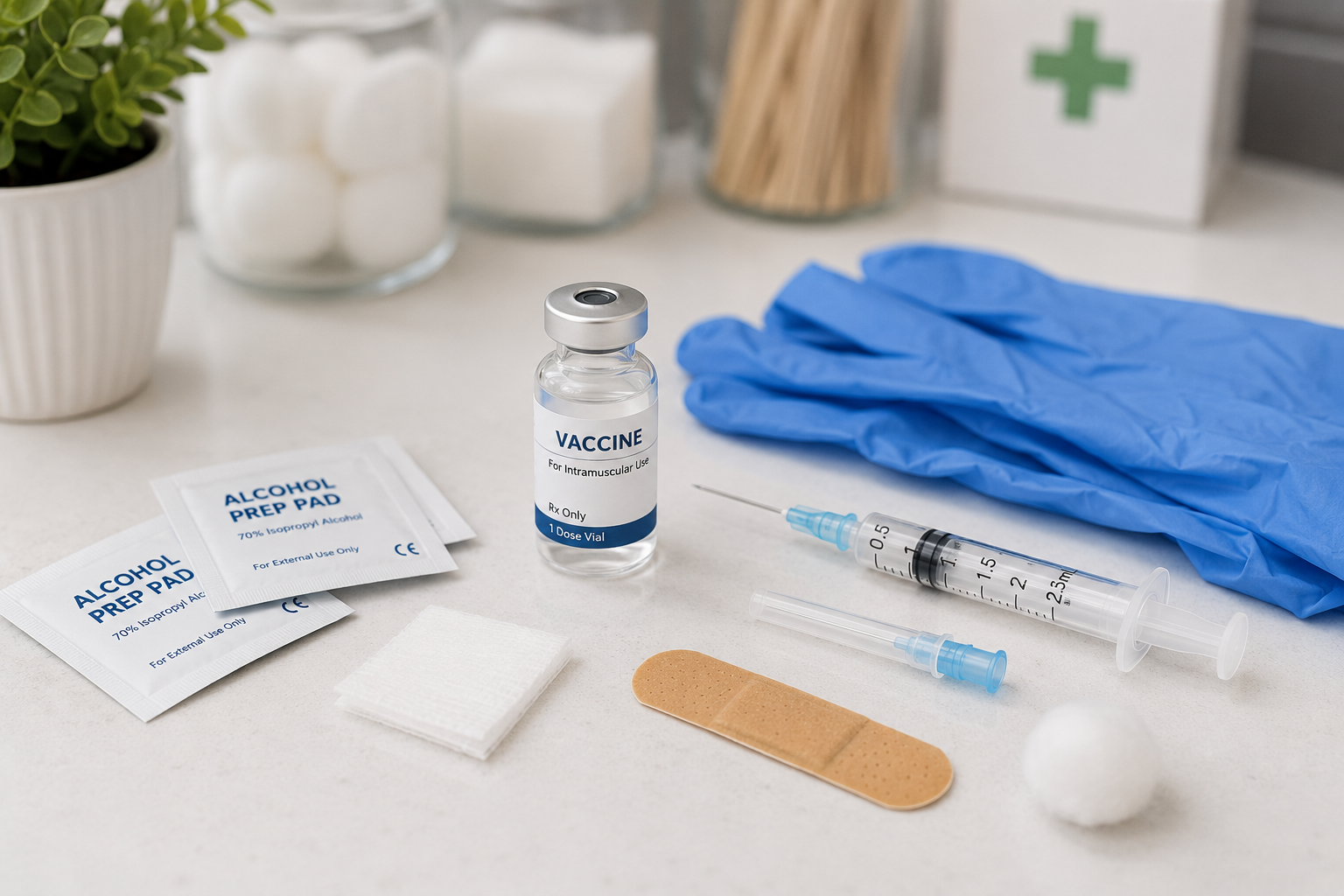 A syringe, a vial labeled for vaccines, alcohol prep pads, a bandage, blue gloves, and cotton balls on a medical table.