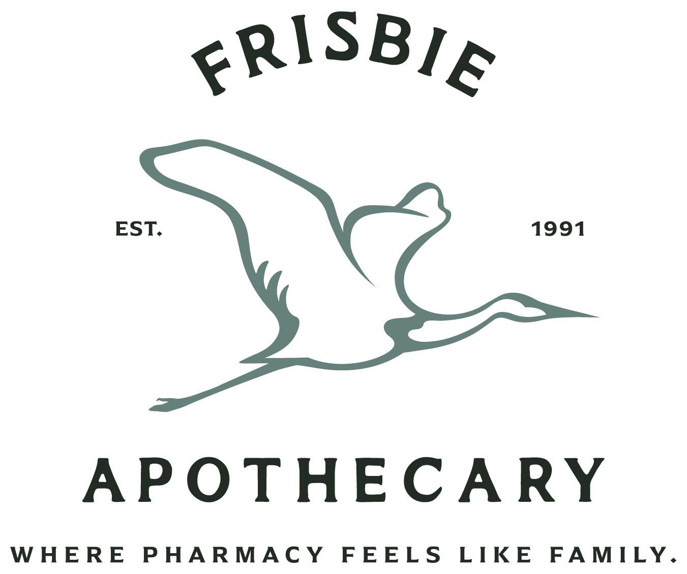 Logo for Frisbie Apothecary featuring a stylized crane in flight. Text includes "FRISBIE" at the top, "APOTHECARY" at the bottom, "EST. 1991" on either side, and the tagline "WHERE PHARMACY FEELS LIKE FAMILY."