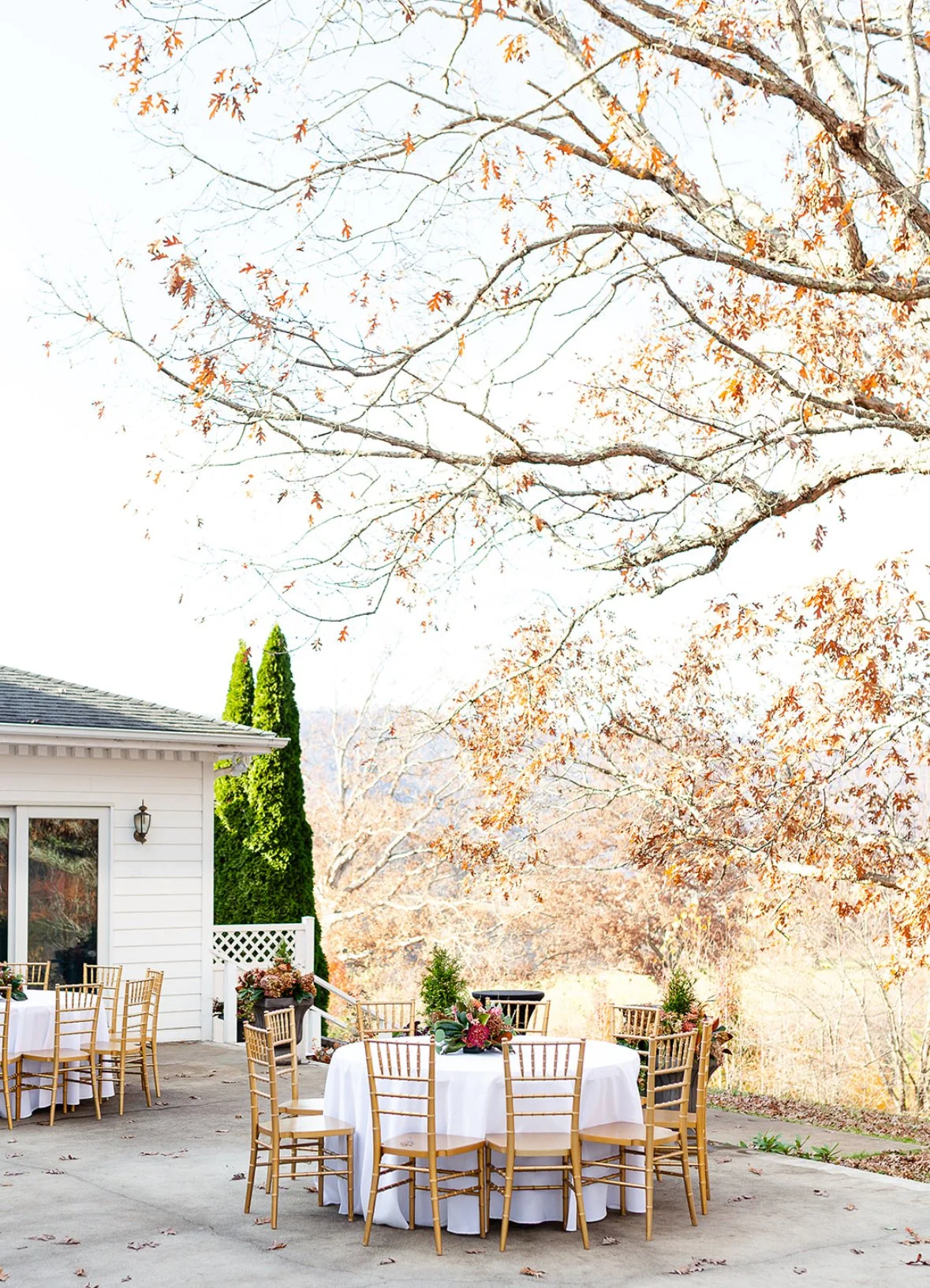 Outdoor patio with round tables covered in white tablecloths and surrounded by gold chairs, set up for an event. The background features autumn-colored trees and a white house with green trees nearby.