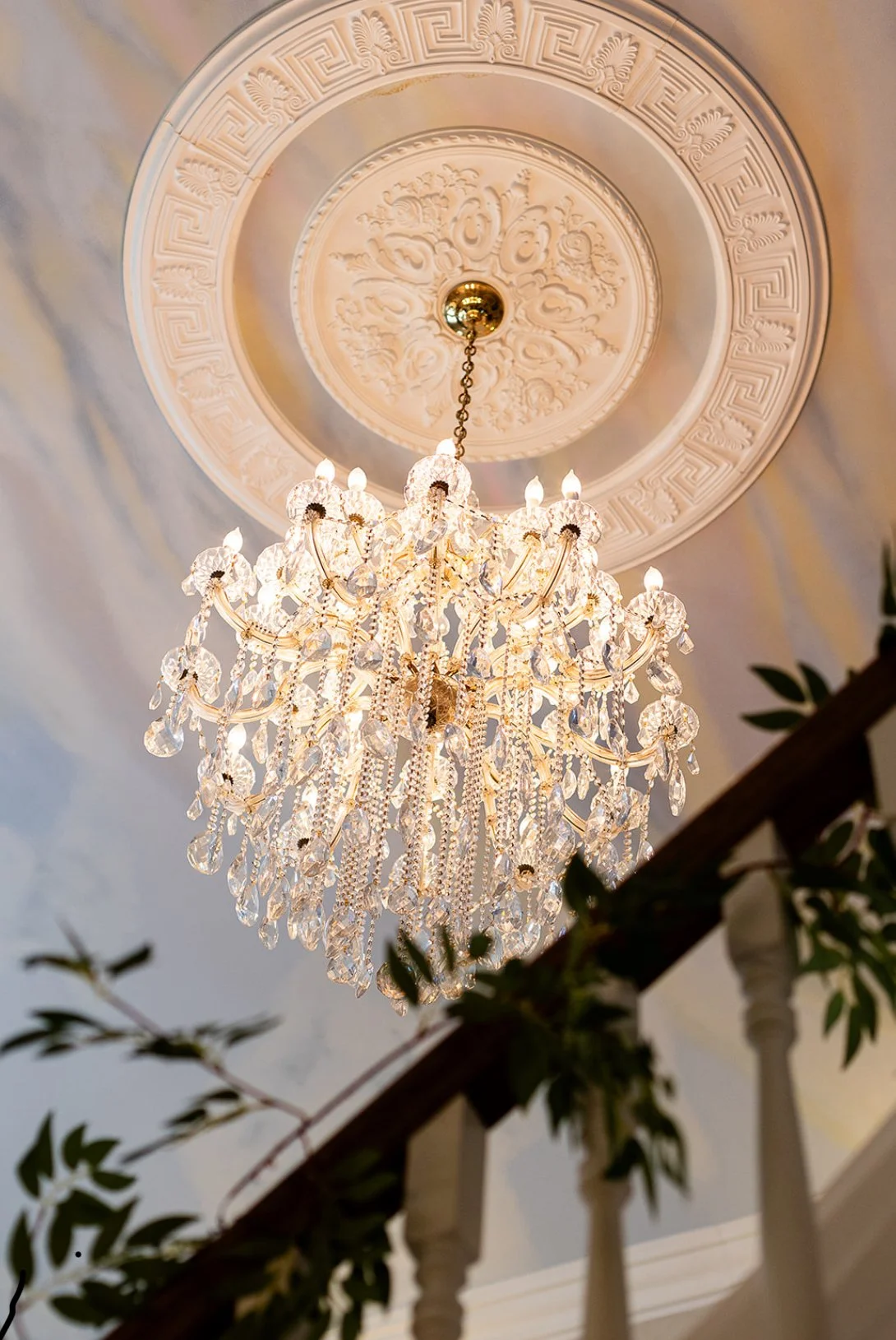 Elegant crystal chandelier hanging from an ornate ceiling medallion in a decorated ceiling.