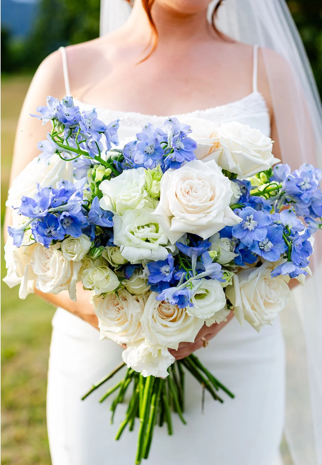 A bride holding a large bouquet of white roses, light purple delphiniums, and white lisianthus flowers, outdoors on a sunny day.