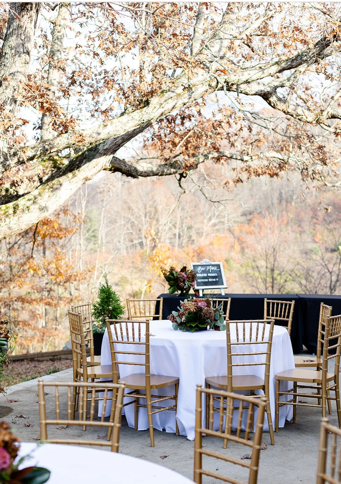 Outdoor event setup with round tables covered in white tablecloths, decorated with floral centerpieces, and surrounded by gold chairs. A black sign with white writing is visible on a table in the background, with autumn trees and falling leaves in th