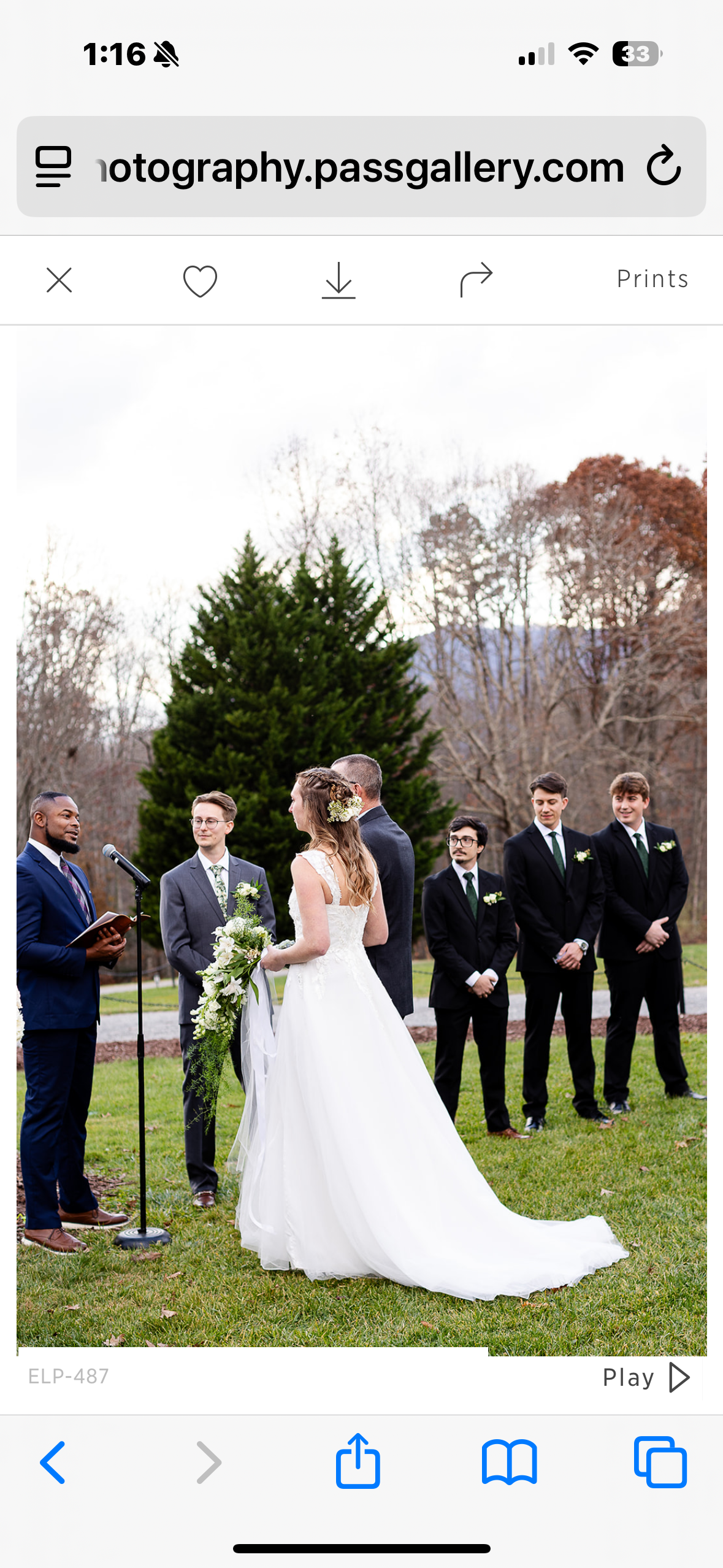 A wedding ceremony outdoors with a bride in a white wedding gown and a groom in a dark suit. The officiant is speaking into a microphone, and there are five groomsmen dressed in suits standing nearby. The background shows trees and a large evergreen,