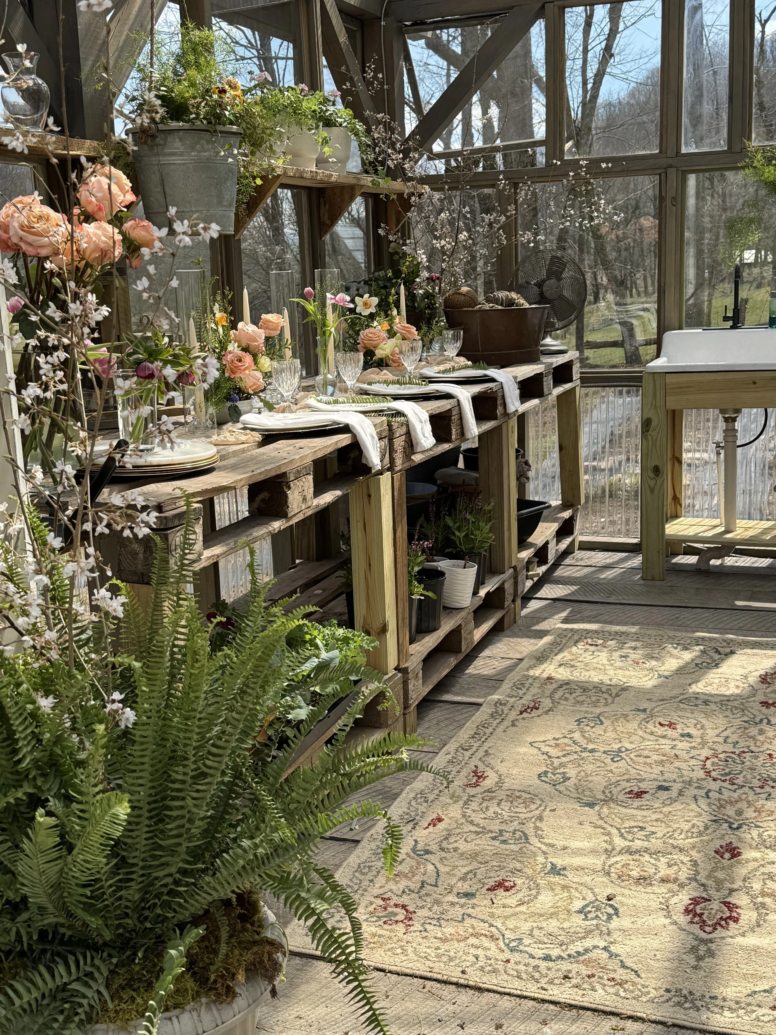 A greenhouse interior decorated with pink roses, white tulips, and greenery on a rustic wooden table, with a large fern in the foreground, and an outdoor scene visible through the glass windows.