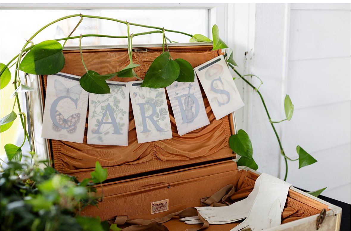 A vintage orange suitcase with the word 'CARDS' on paper bunting, decorated with green vine leaves and placed against a white wall.
