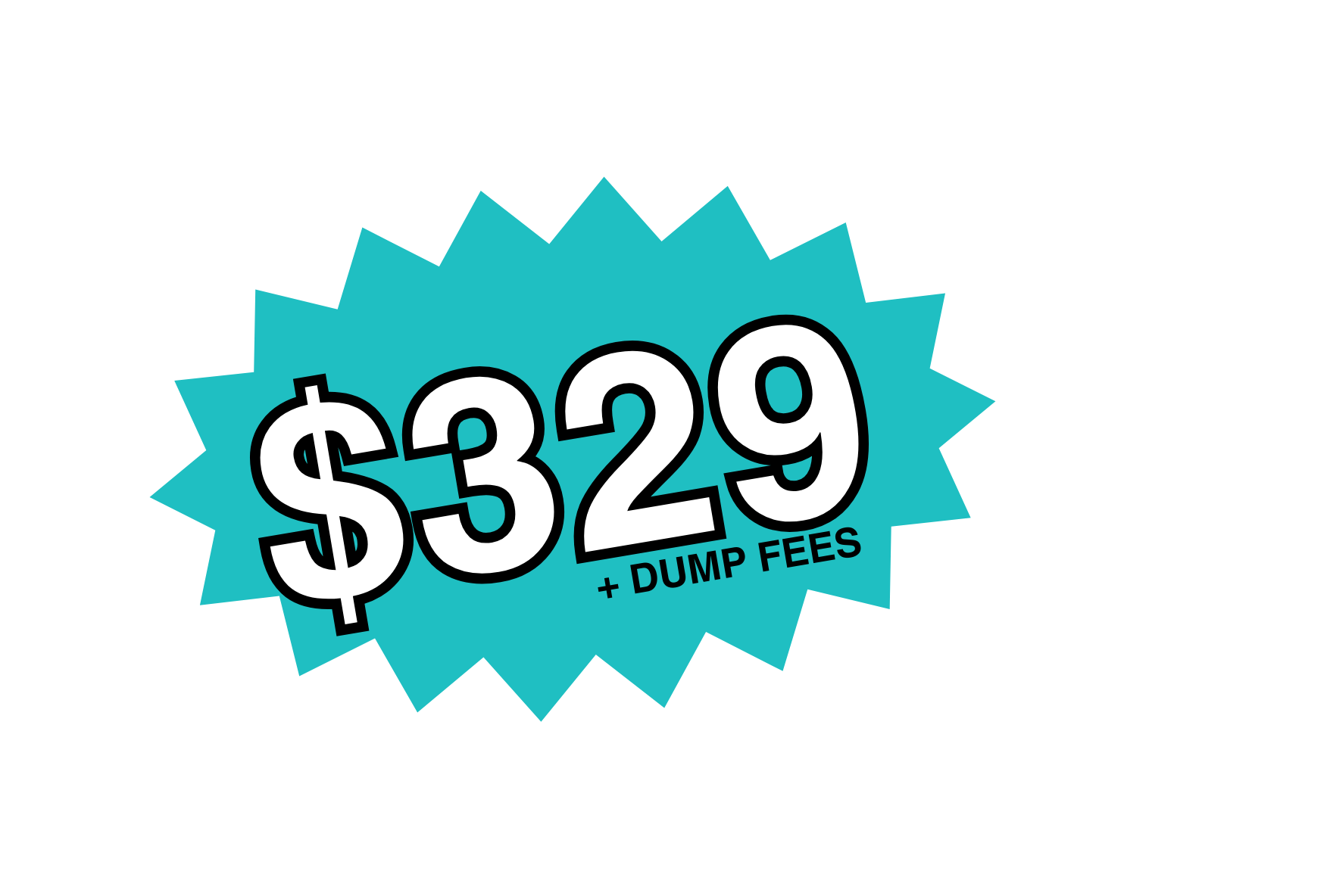 Blue starburst graphic with black outline, displaying text '$329 + Dump Fees' in bold black and white font.