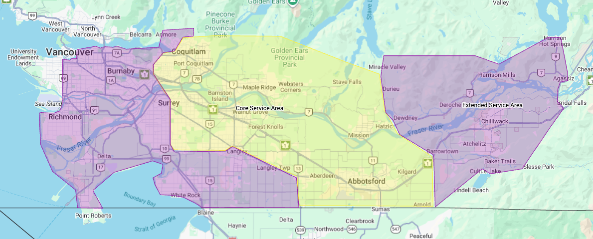 A map showing the areas in the Lower Mainland that Maxx Bins operates.