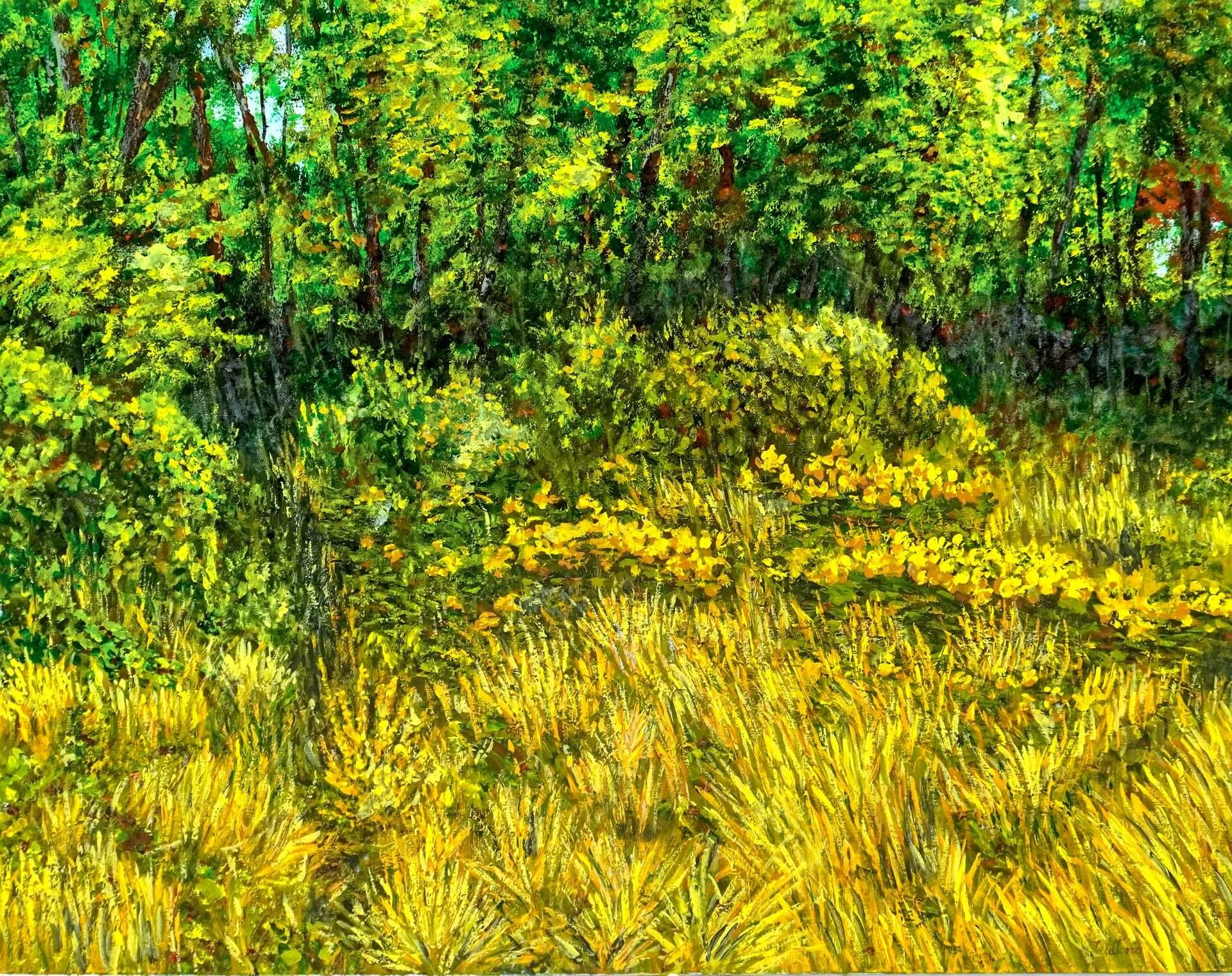 Landschaftsgemälde. Stille Abenddämmerung. Zu sehen ist Wiese mit gelben Gräsern die von den letzten Sonnenstrahlen geküsst werden und zum Entspannen einladen. Acryl auf Leinwand. 90 x 115 cm