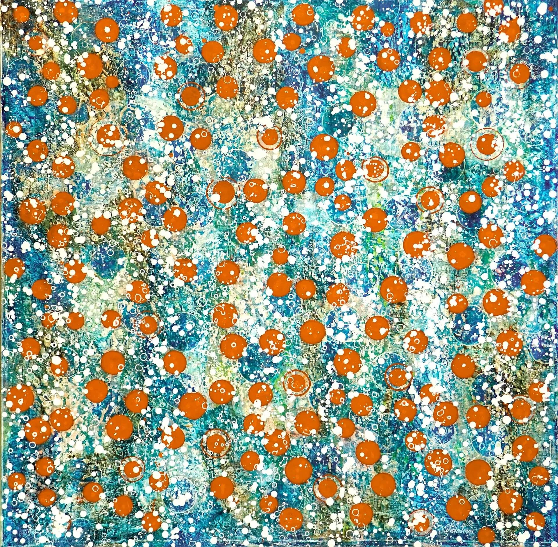 Abstraktes Acrylgemälde auf Leinwand 105 x 105 cm. Rote Punkte tanzen in Stille über ein blaues Meer mit grünen Algen, die durch die Wasseroberfläche schimmern.