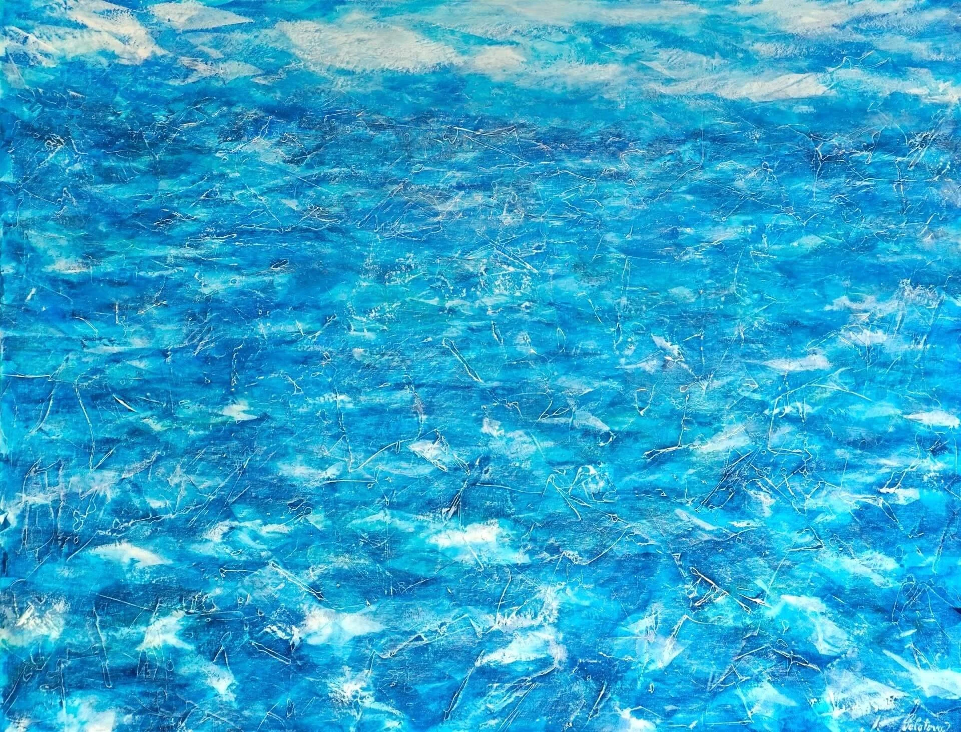 Großformatiges abstraktes Acrylgemälde auf Leinwand mit dem Titel Distance, 115 x 150 cm. Unterschiedlich verteilte Nuancen von Blau erschaffen ein weites Meer.