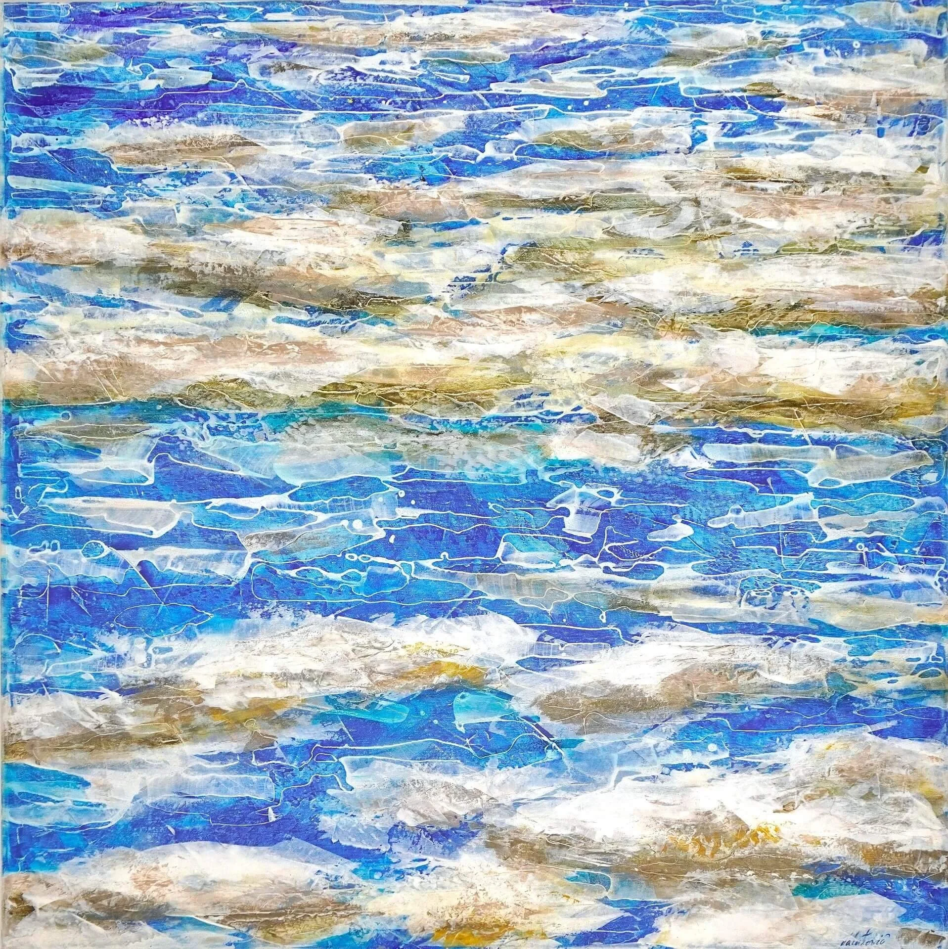 Viele braune Flecken, als Inseln, liegen auf einem königsblauen Meer. Abstraktes Acrylgemälde auf Leinwand mit dem Titel Thousand Islands, 105 x 105 cm. Man fühlt die Freiheit. Feeling of freedom.