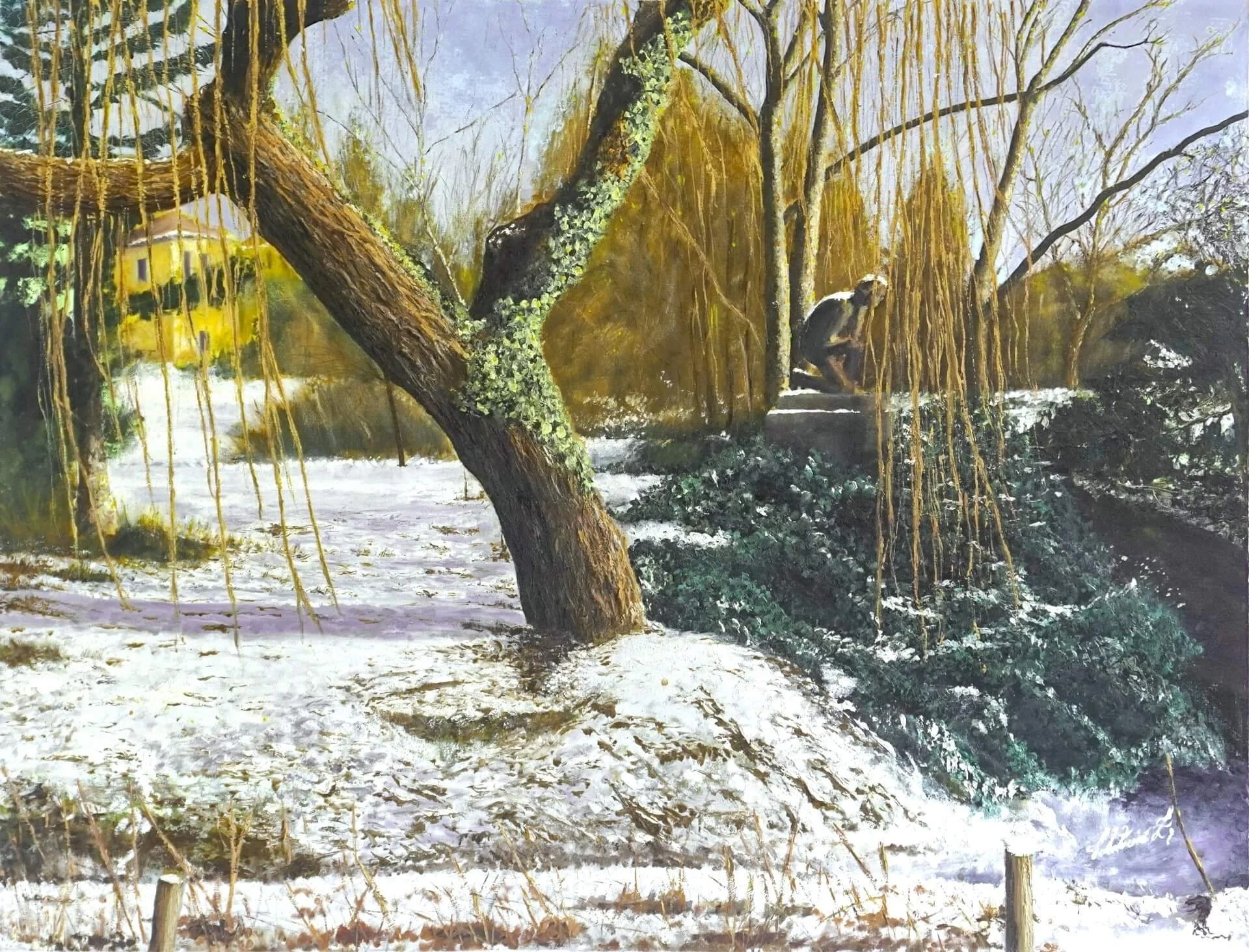 Eine Trauerweide in saftgrünen Tönen am Anlagensee/ Tübingen an einem sonnigen Frühlingstag. Öl auf Leinwand. 95 x 125 cm