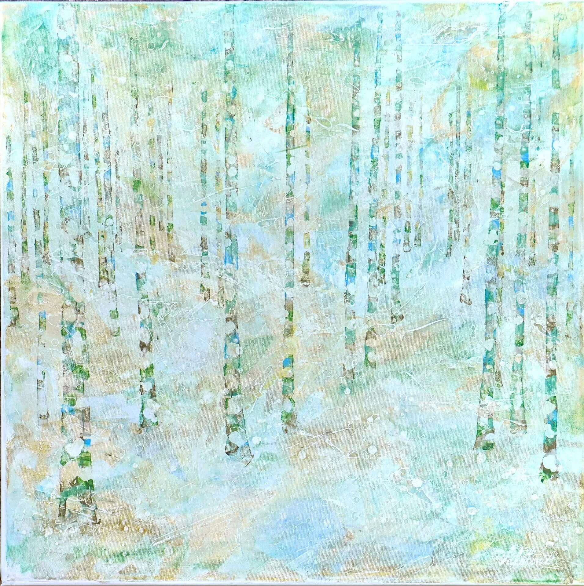Acrylbild auf Leinwand90x90cm mit dem Titel Swing 1. Das Erste Bild dieser dreier Reihe  ist mit  hellen Pastelltönen gemalt. Beim Betrachten des Bildes spürt man Freiheit und gleichzeitig eine Gemeinschaft durch die enge Anordnung der Bäume.
