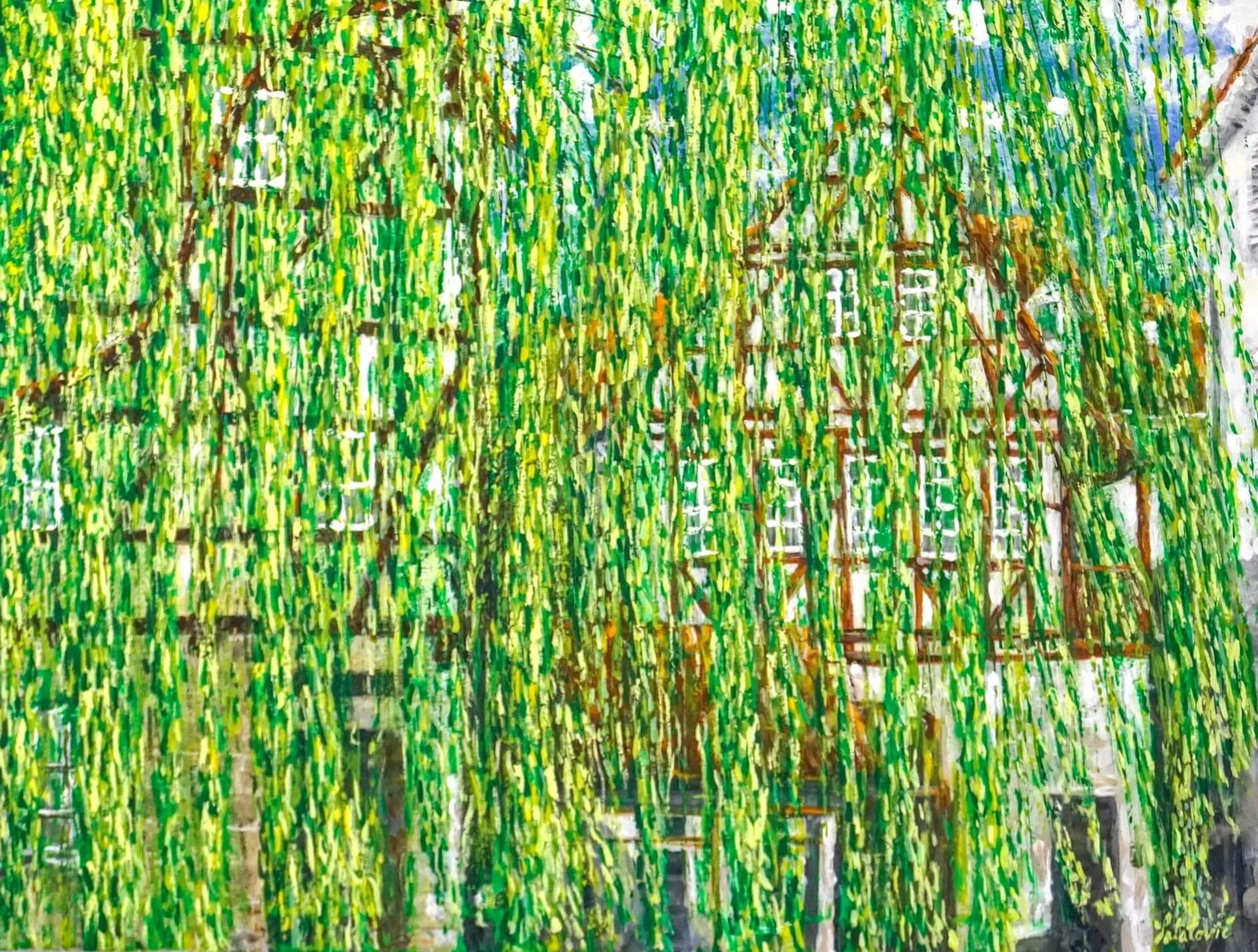 Tübinger Fachwerkhaus versteckt hinter Trauerweide in Tübinger Altstadt an einem schönen Frühlingstag. Acryl auf Leinwand 95 x 125 cm