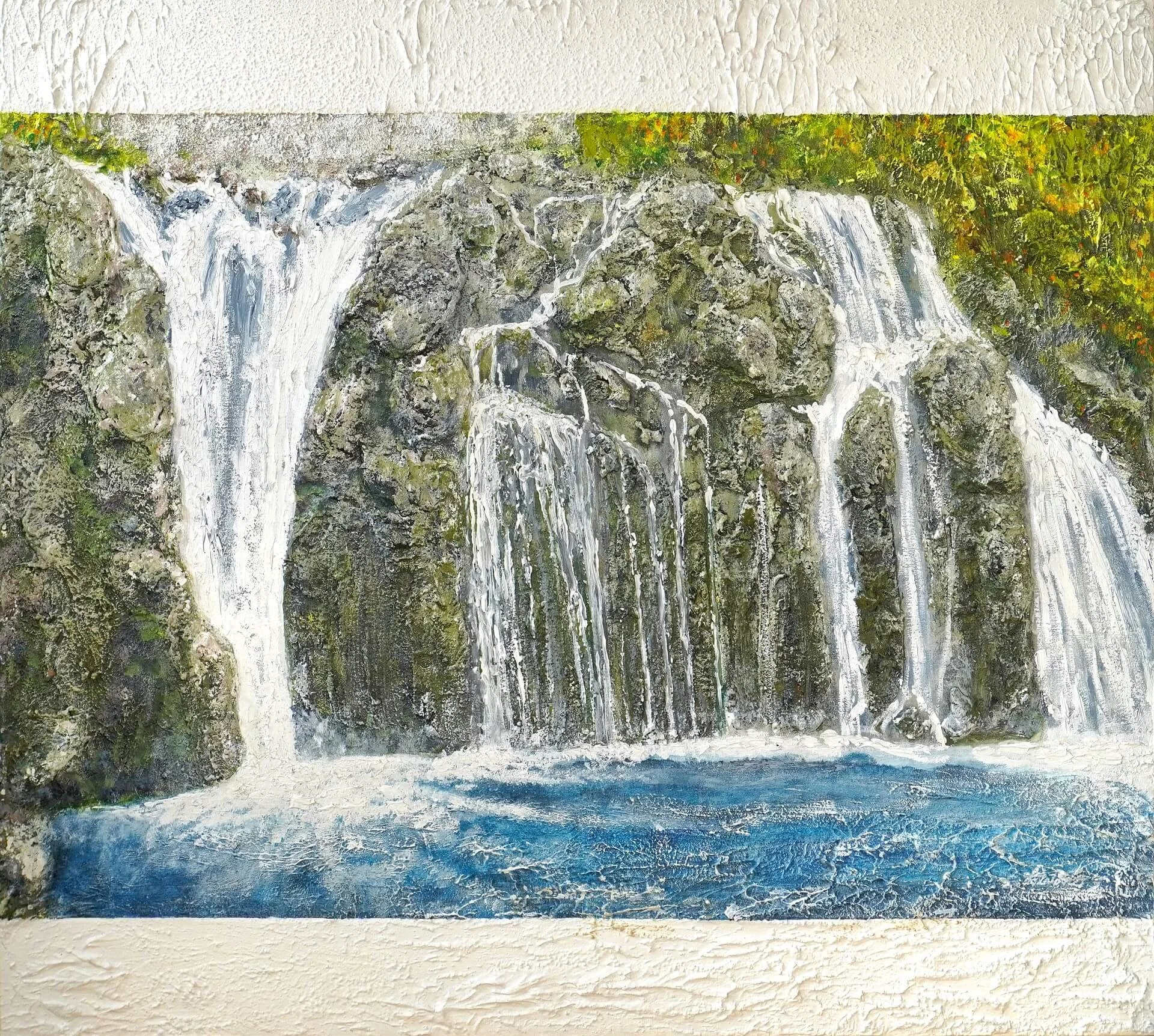 Mixed Media auf Holz, 95 x 105 cm. Der Wasserfall Veliki Slap, Plitvice Lakes. Ein Naturwunder welches mit Acrylfarben und Gips nachgebildet wurde.