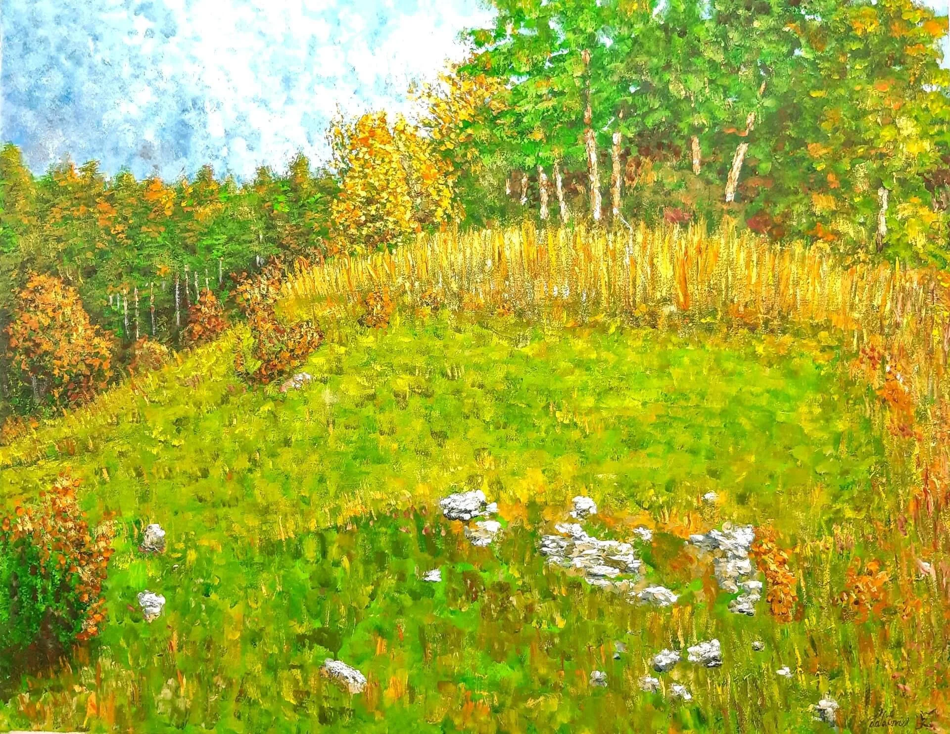 Herbstgemälde mit intensiven Farbtönen. Mit dem Bild kann der Herbst in die Wohnung geholt werden Acryl auf Leinwand. 90 x 115 cm