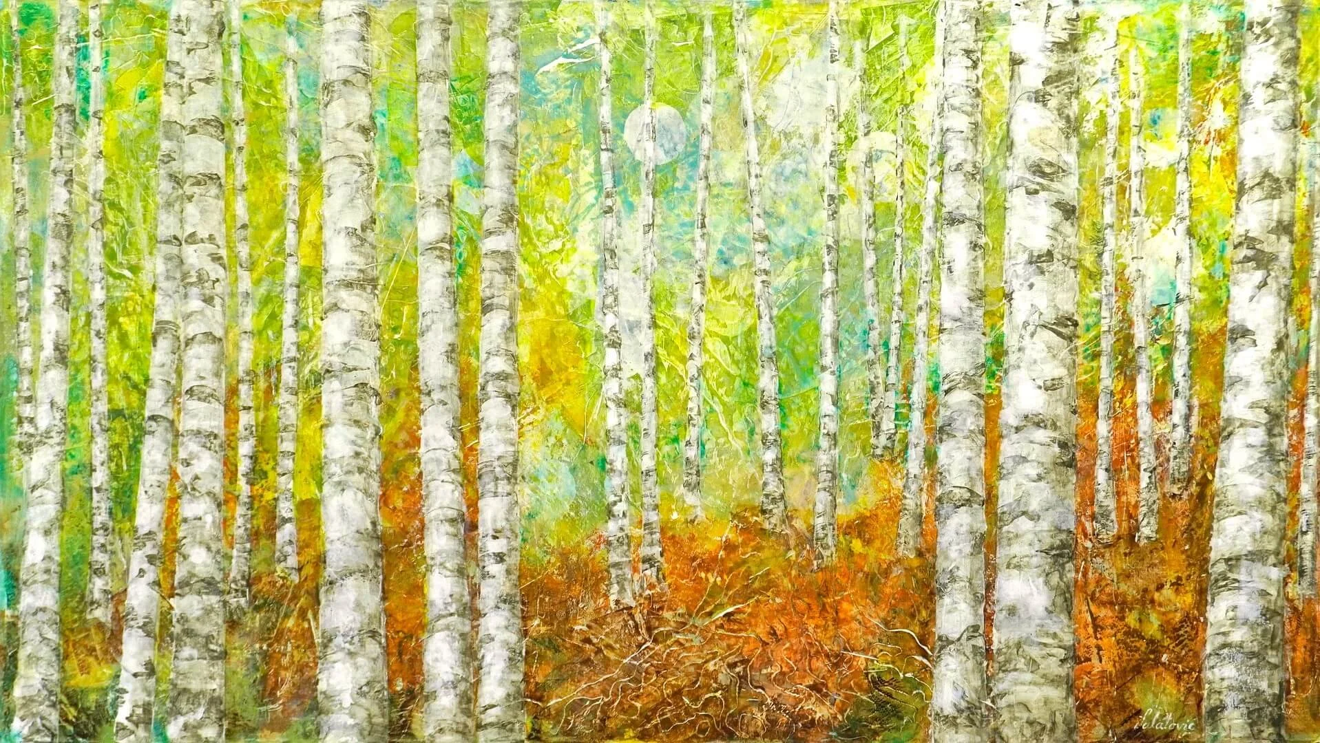 Acrylbild 70x125 cm mit warmen feurigen Tönen. Es sind viele Birkenstämme im Wald zusehen.. Sehr glatte Technik , wie marmor glatt.