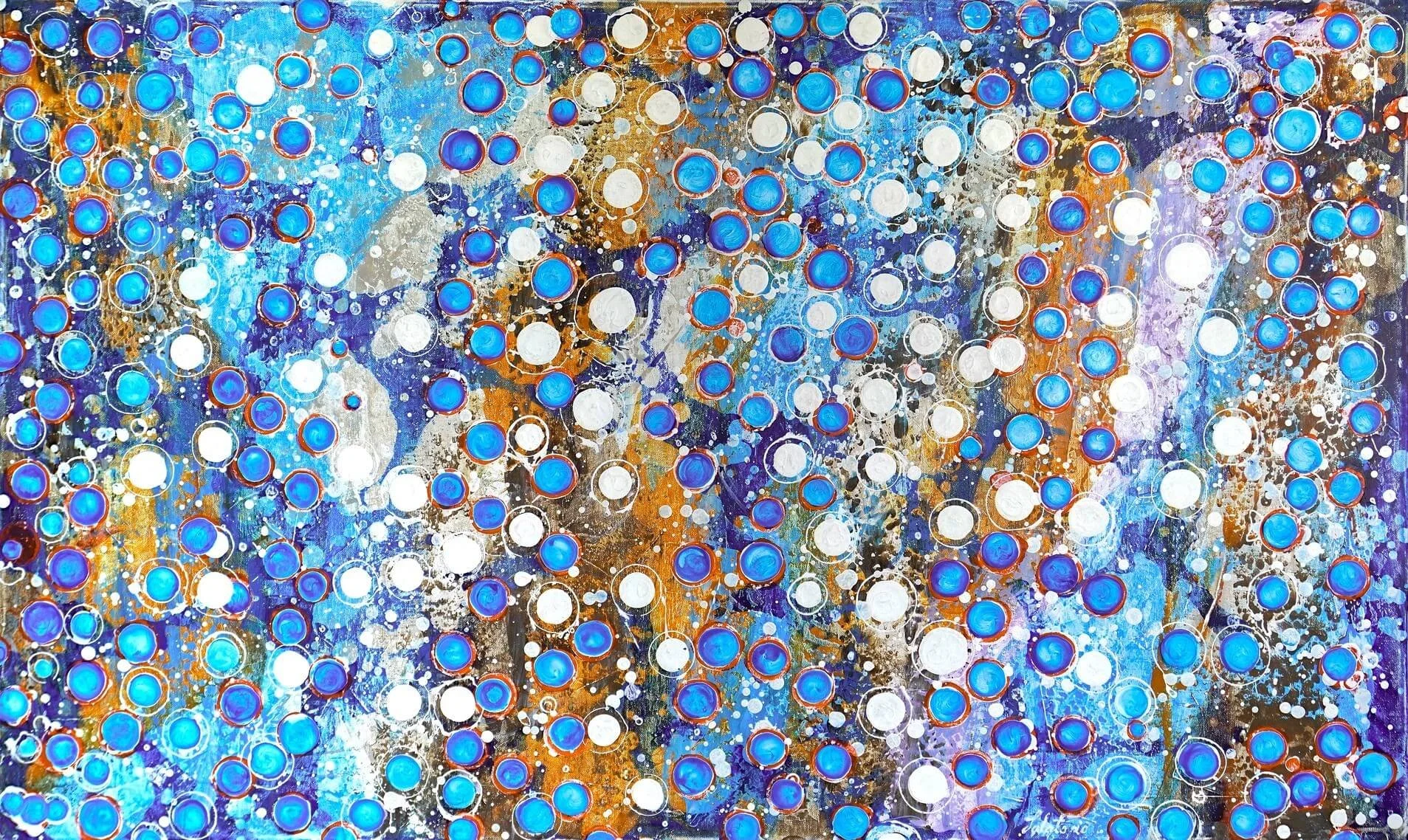 Abstraktes Acrylgemälde auf Leinwand 80 x 140 cm. Die Punkte in rot, blau, weiß lassen einen träumen. Ein perfektes Gemälde, um einem Raum mehr Dimension zu verleihen.