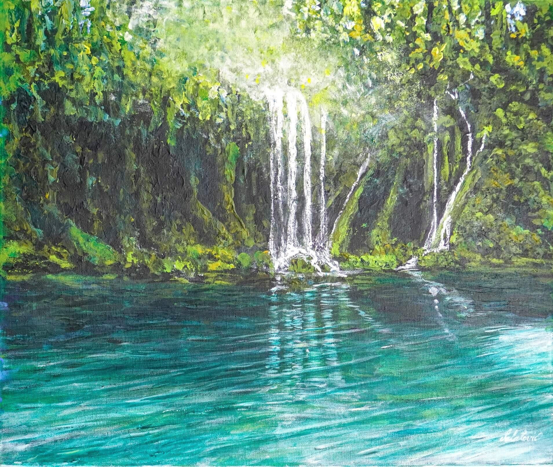 Abstraktes Acrylgemälde auf Leinwand, 50 x 60 cm.Die Schönheit des Wasserfalls Mali Buk, Plitvice Lakes wurde in diesem Meisterwerk eingefangen. Die türkisenen und grünen Farben verleihen einen naturverbundenen Eindruck.
