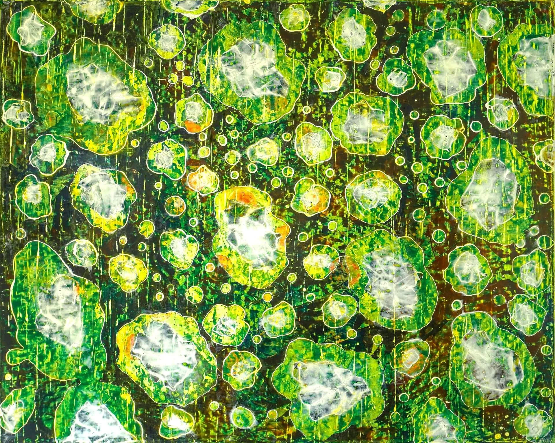 Abstraktes Acrylgemälde auf Leinwand, 100 x125 cm. Marmorglatte Oberfläche So sieht die Zeit aus: grün und voller Strukturen. Ein Bild mit viel Tiefe und Aussagegehalt.