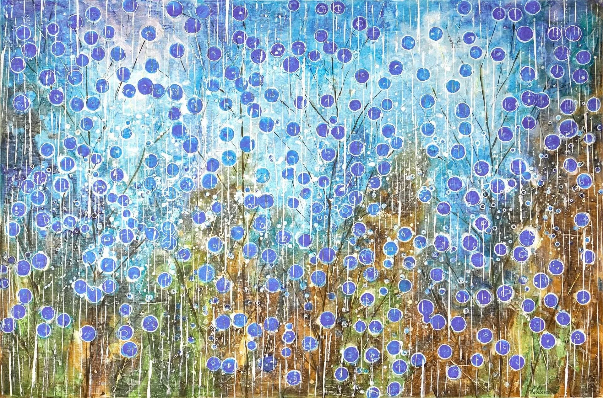 Abstraktes Acrylbild aus der Serie Secret. Mit dem In the MoonlightTitel.100 x 150 cm. Mit blauen sowie erdigen Brauntönen mit blauen Punkten im Vordergrund erzeugt innere Ruhe und Entspannung, moderne Kunst für Wohnzimmer, Galerie oder Büro.