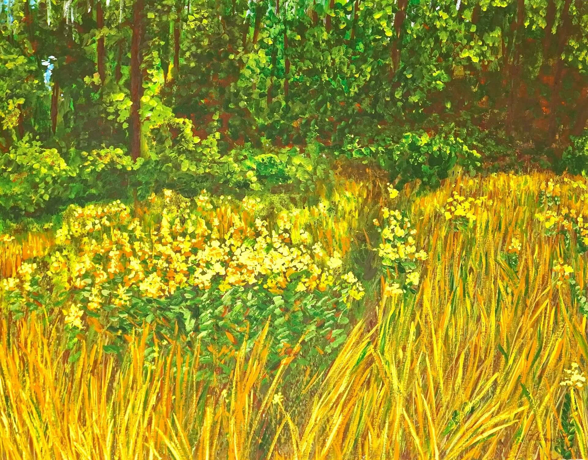 Landschaftsgemälde mit dem Titel: Goldene Gräser. Zu sehen ist Wiese mit gelben Gräsern die in der Sonne wie Gold glänzen. Im Hintergrund ist ein Wald mit intensiven Grüntönen umgeben von Licht und Schatten. Acryl auf Leinwand. 90 x 115 cm