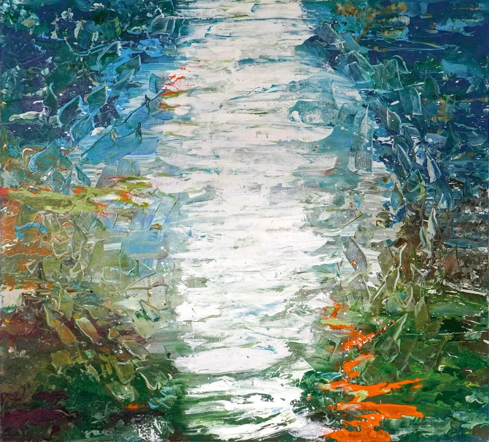 Abstraktes Acrylgemälde auf Leinwand mit dem Titel Light, 95 x 105 cm. Ein Meisterwerk über Schwingungen und Licht im Wasser. Die blauen, grünen und roten Farben sind perfekt verteilt und ziehen einen in das Bild hinein.