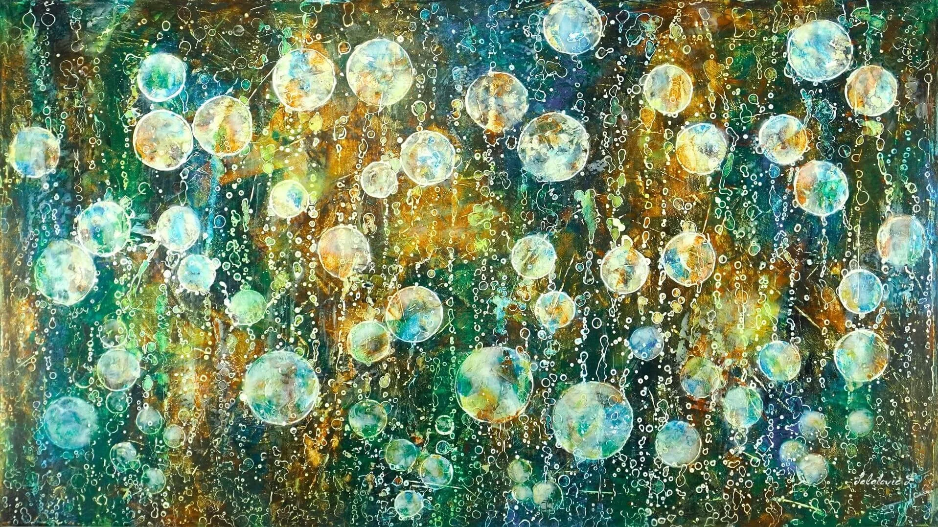 Abstraktes buntes Acrylgemälde auf Leinwand aus der Serie Secret. Mit dem Titel Power. 70 x 125 cm. Die schimmernden Seifenblasen vor einem dunkelblauen Nachthimmel geben Power.