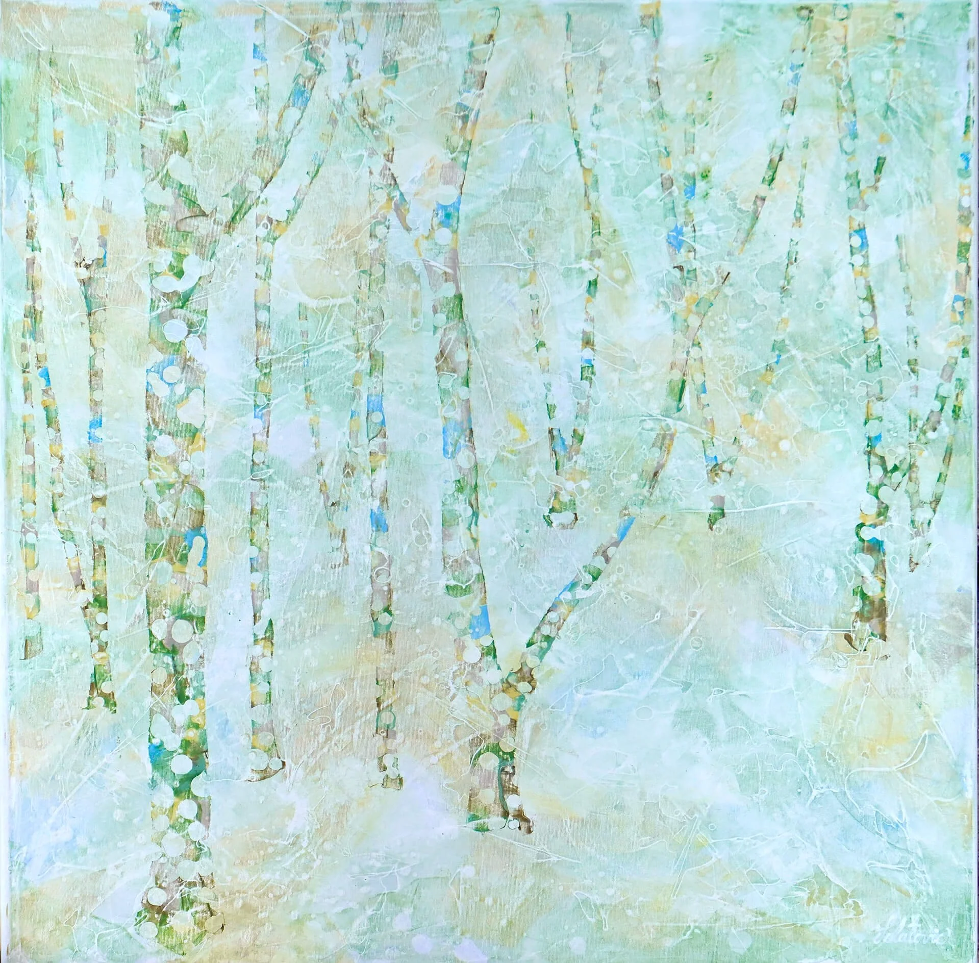 Acrylbild auf Leinwand, 90x90cm in Pastellfarben mit dem Titel Das Zweite Bild der dreier Reihe  ist mit  hellen Pastelltönen gemalt. Man spürt beim Betrachten des Bildes ein rhythmisches miteinander.