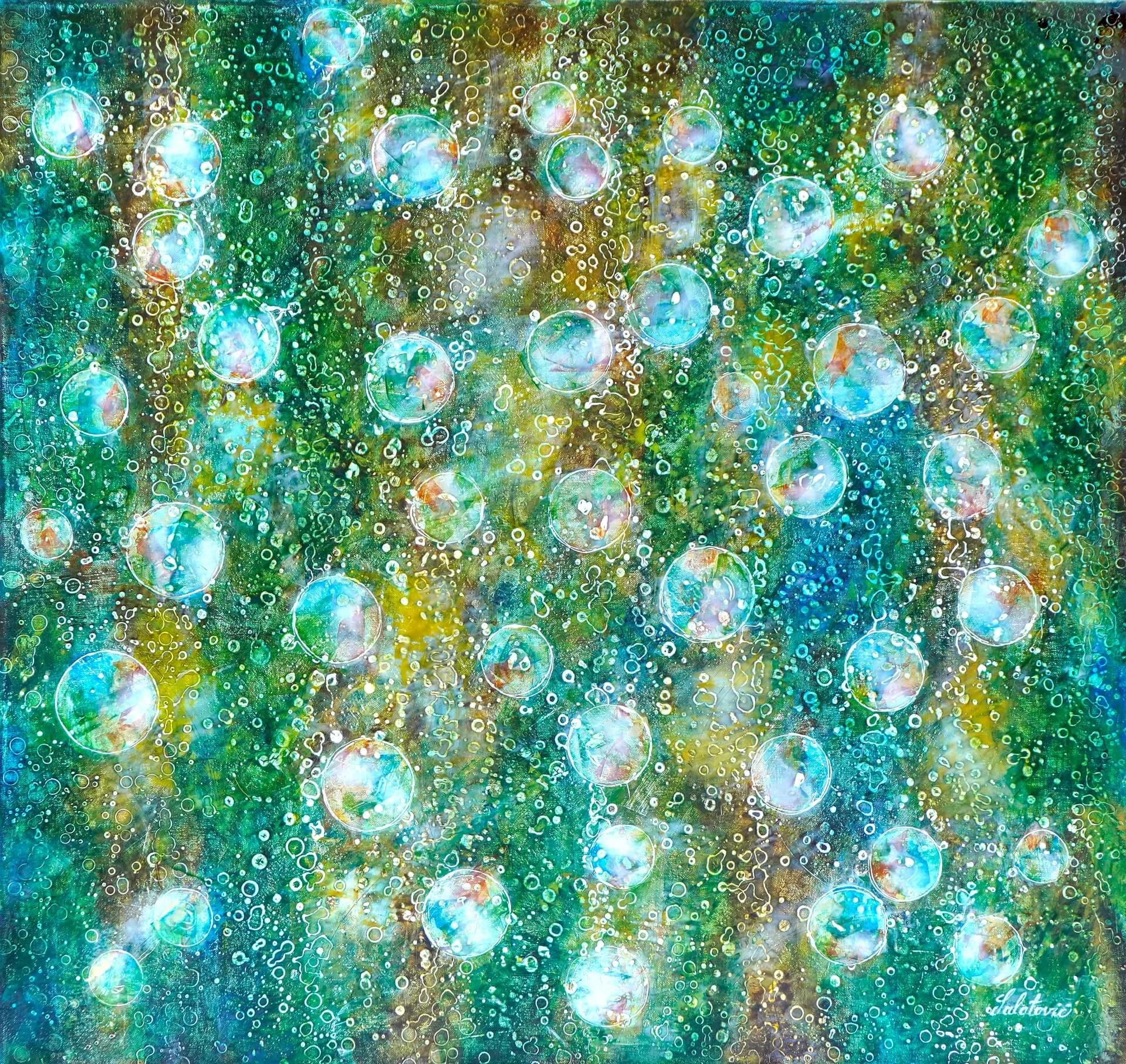 Abstraktes buntes Acrylgemälde auf Leinwand aus der Serie Secret. Mit dem Titel Memory. 100 x 105 cm.  Ein Bild ,welches  Erinnerungen verkörpert: Seifenblasen schweben schillernd und leuchtend vor einem Feuerwerk aus Farben vorbei.