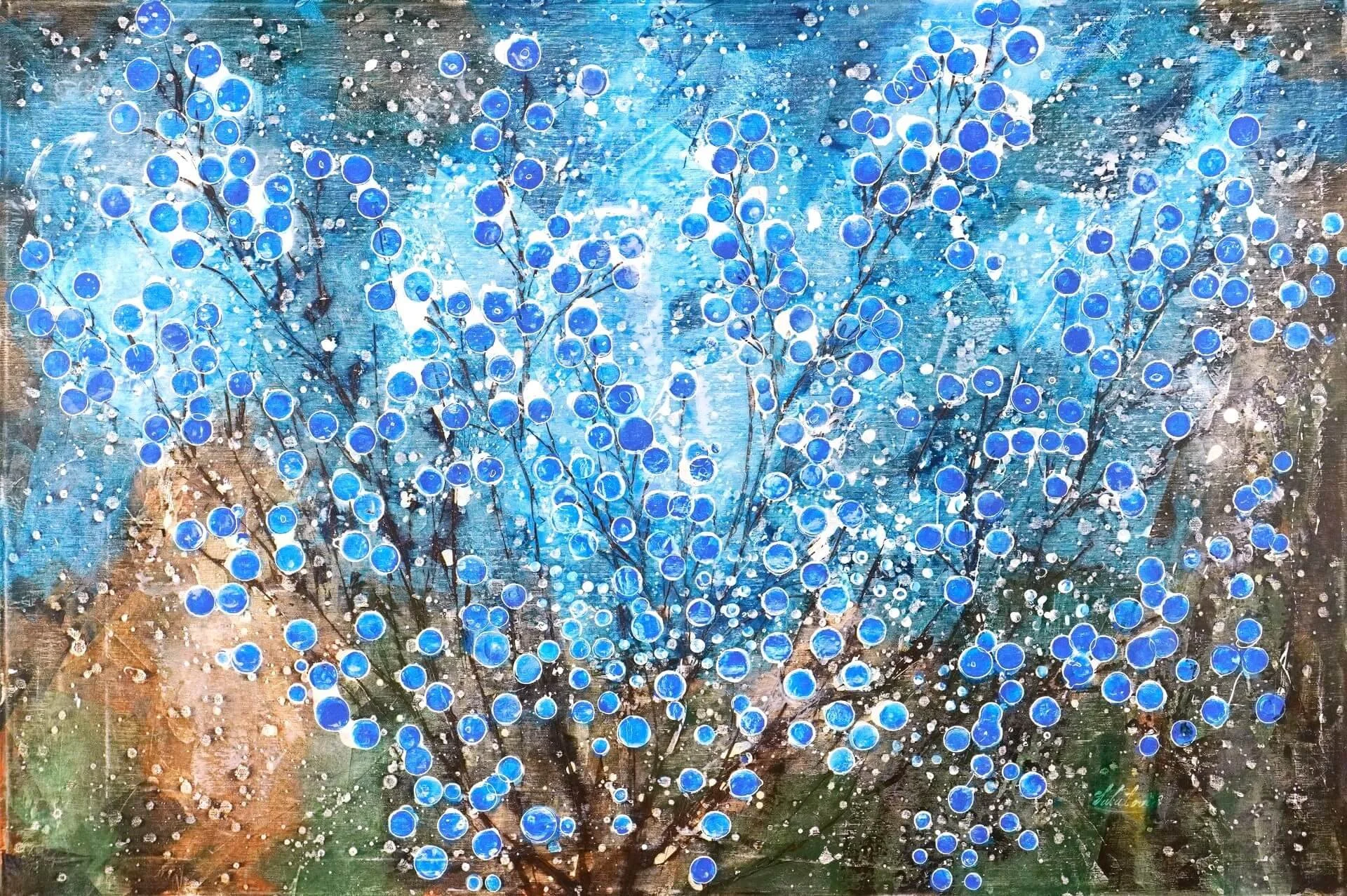 Abstraktes Acrylbild aus der Serie Secret. Mit dem Titel In the MoonlightTitel.90 x 135 cm. Mit blauen sowie erdigen Brauntönen mit blauen Punkten im Vordergrund erzeugt innere Ruhe und Entspannung, moderne Kunst für Wohnzimmer, Galerie oder Büro.