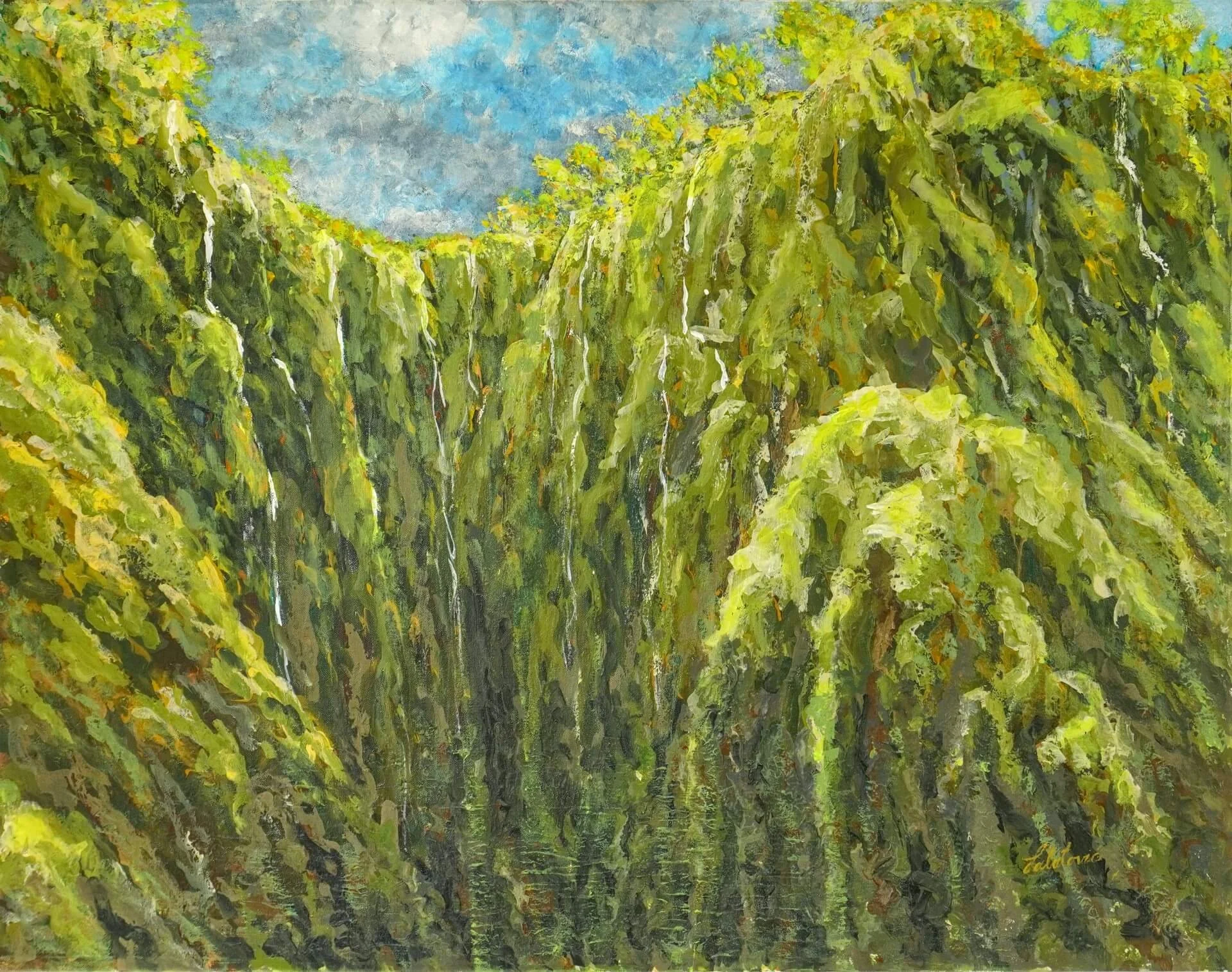 Landschaftsgemälde mit dem Titel: Die Schlucht. Zu sehen sind zahlreiche Wasserfälle aus der Froschperspektive. Die Wasserfälle schimmern in der grünen Landschaft Acryl auf Leinwand. 85 x 90cm